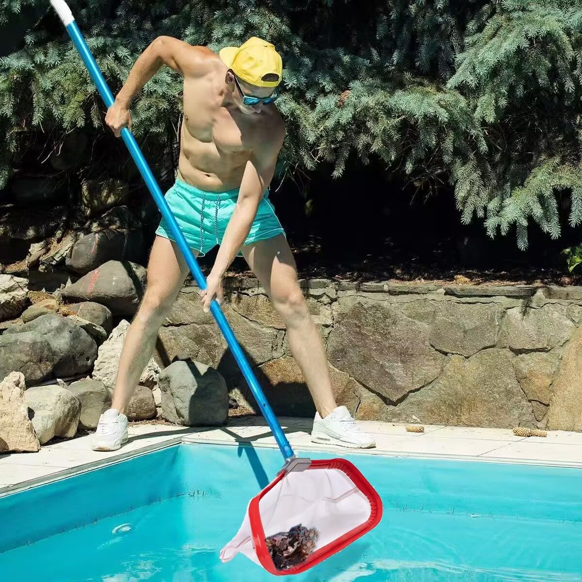Profesional RecogeHojas Piscina, Carga Pesado Rastrillo para Estanque con Marco de Aluminio, Bolsa de Red de Nailon Anti Desgarro para Recoge Hojas Mojado Ramas, Pool Rake Skimmer Net