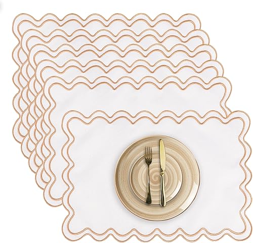 Juego de 6 manteles individuales de algodón y lino, 13 x 19 pulgadas, manteles individuales festoneados con bordado ondulado y festoneado, lavables,