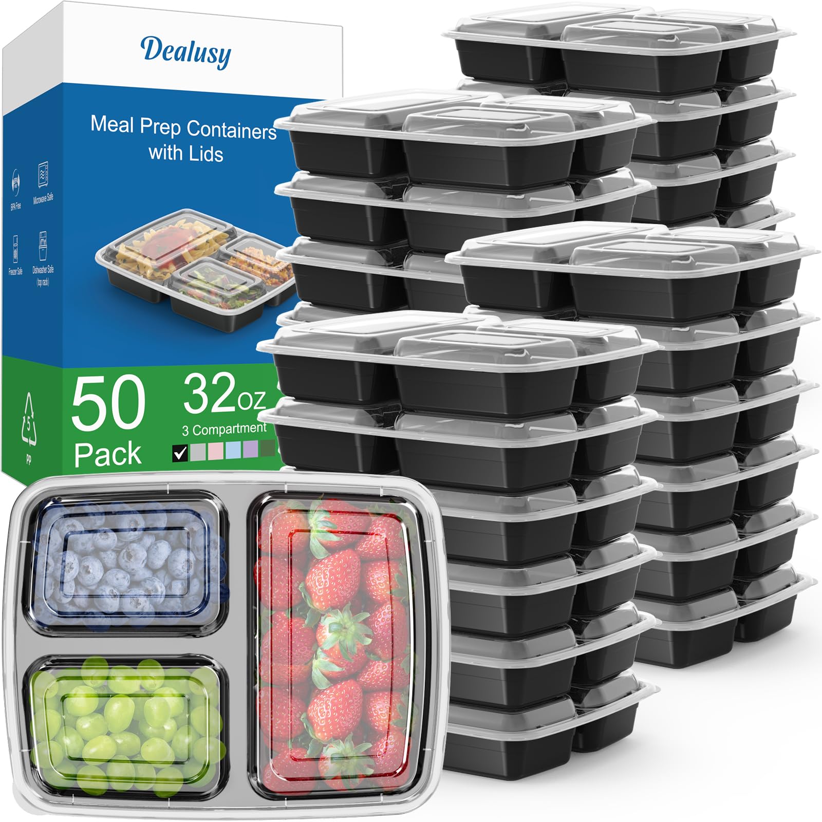 Paquete de 50 recipientes (100 piezas) de 32 onzas reutilizables con tapas, 3 compartimentos, recipientes de plástico para almacenamiento de alimentos, resistentes a prueba de fugas, aptos para - Imagen 1
