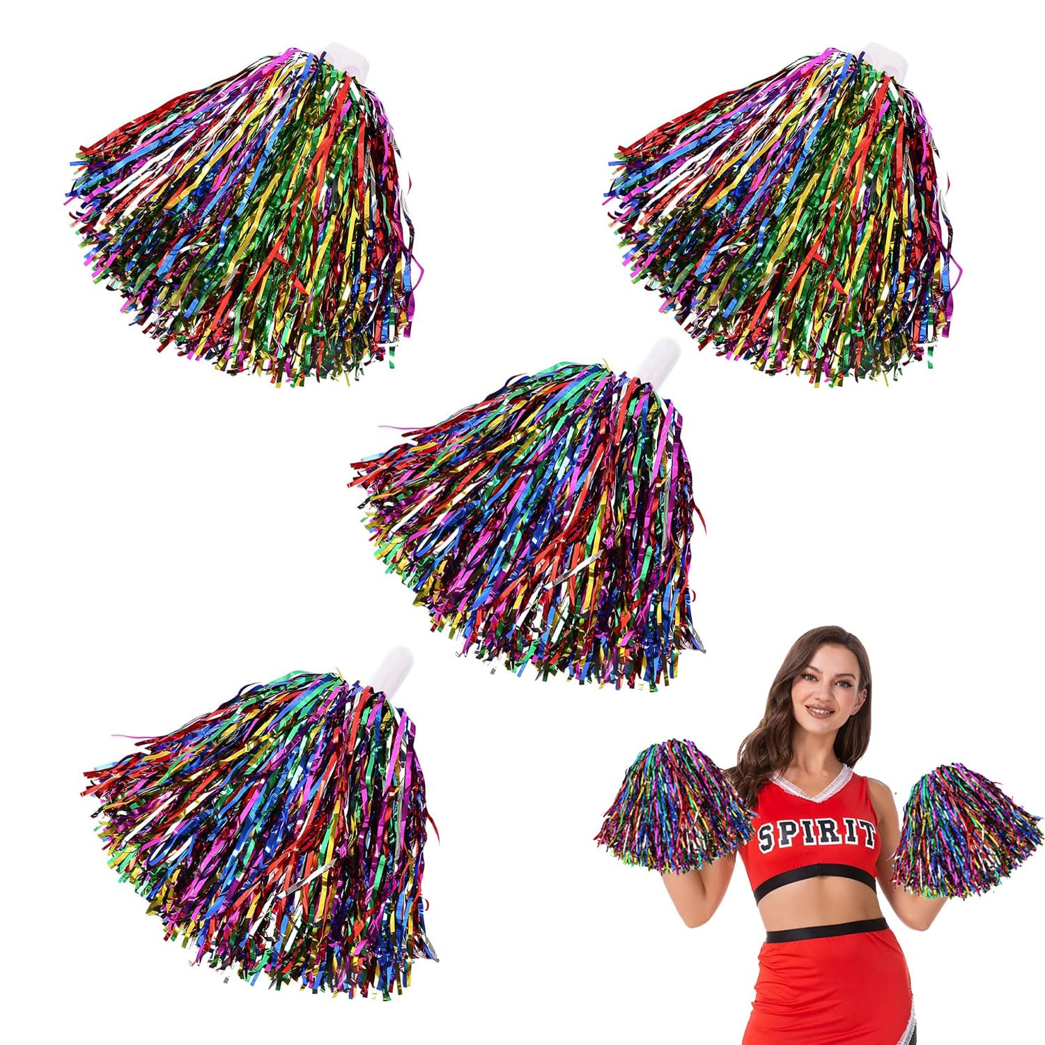 Gansdnek 4 Pcs Cheerleader Pompoms, Cheerleader Pom Poms Colorful, Pom Poms for Cheerleading, Cheerleading Pompom with Handle for Sports Events, School Games, Dance Parties and Raves