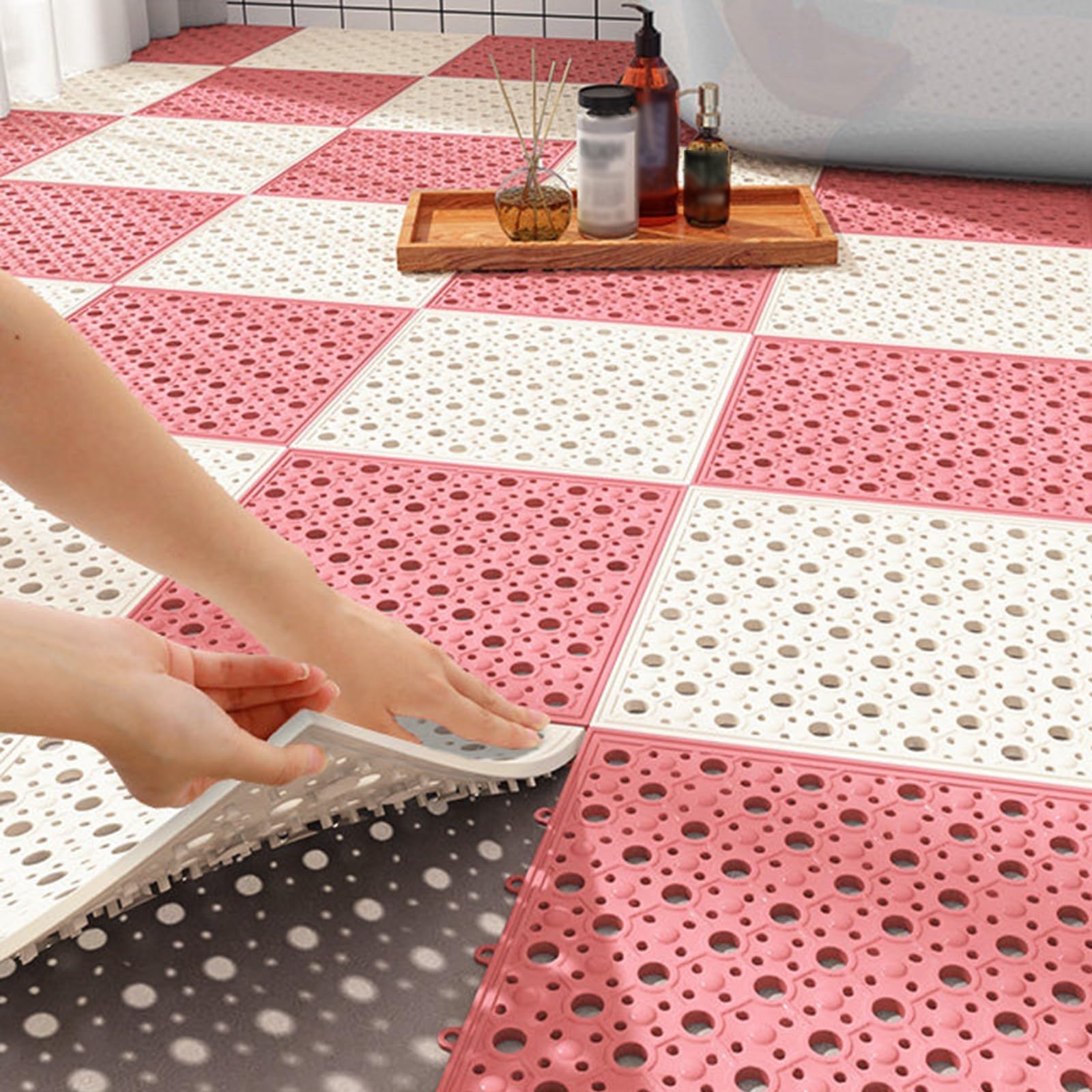Tappetino Antiscivolo Drenante, 4 Pezzi 30x30 cm, in TPE, con Ventose Antiscivolo, Ideale per Aree Umide(Red)