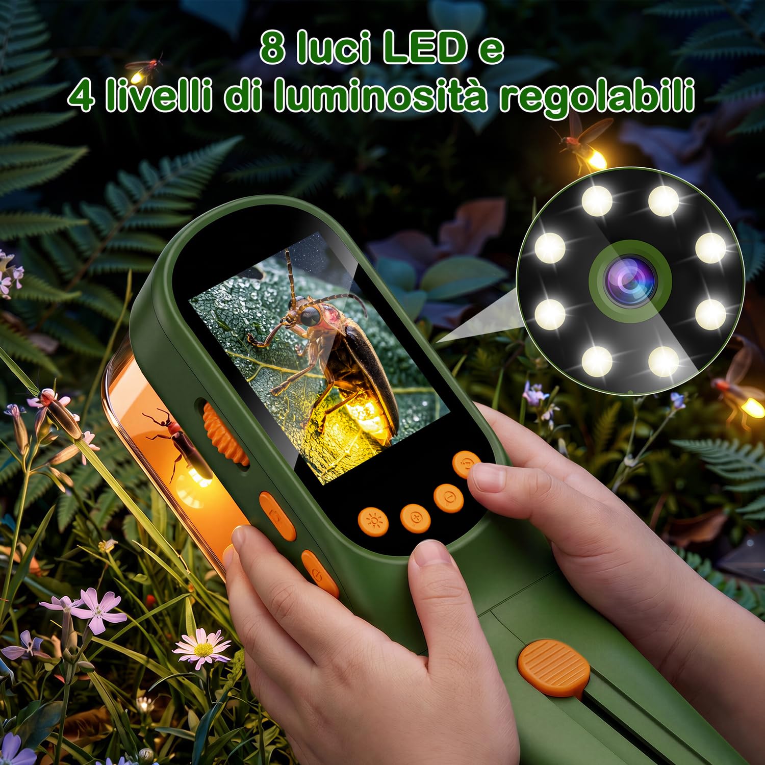 CIMELR Cattura insetti 2,4" HD microscopio – giocattolo natura per bambini | Cattura insetti batteria 1000mAh, 8 LED, fotocamera 1080P, proiezione PC, kit STEM 3-12 anni
