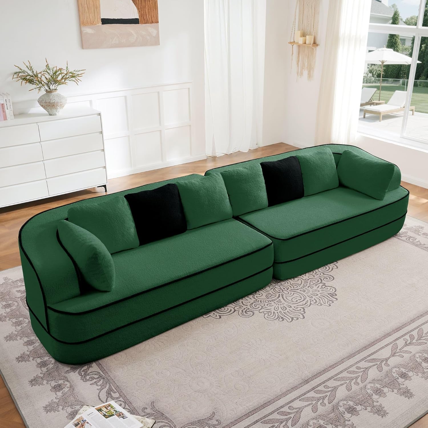 134.7" Modular Sectional Couch Sofa for Living Room,High Density Sponge Boneless Sofa with 4 Seater,Cloud Couch with Soft Teddy Fabric,No Assembly Required,Green