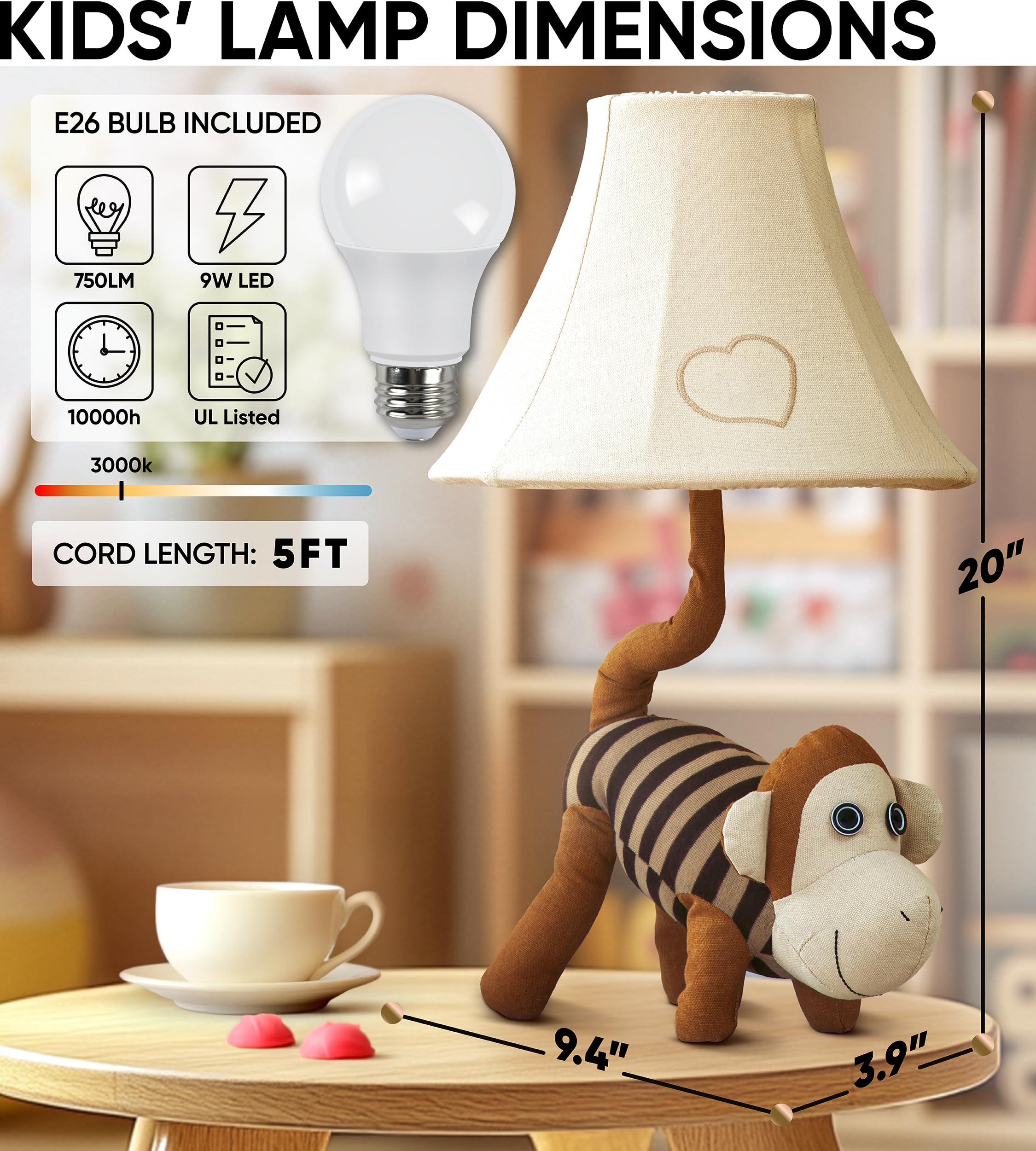 Lampa Monkey Kids do sypialni chłopców - 50 cm, lampa ze zwierzętami do pokoju dziecięcego - prezenty świąteczne, prezenty urodzinowe, dla wszystkich grup wiekowych: małe dziewczynki, dzieci, wnuki w