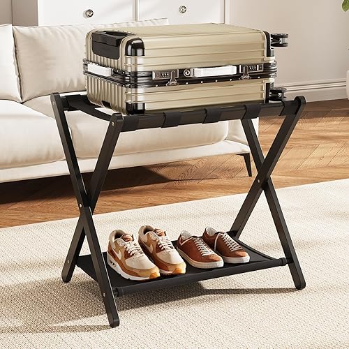 Miniatura 14 de Bastidores de equipaje totalmente montados, paquete de 2, portaequipajes plegable natural de bambú para habitación de invitados, soporte de maleta