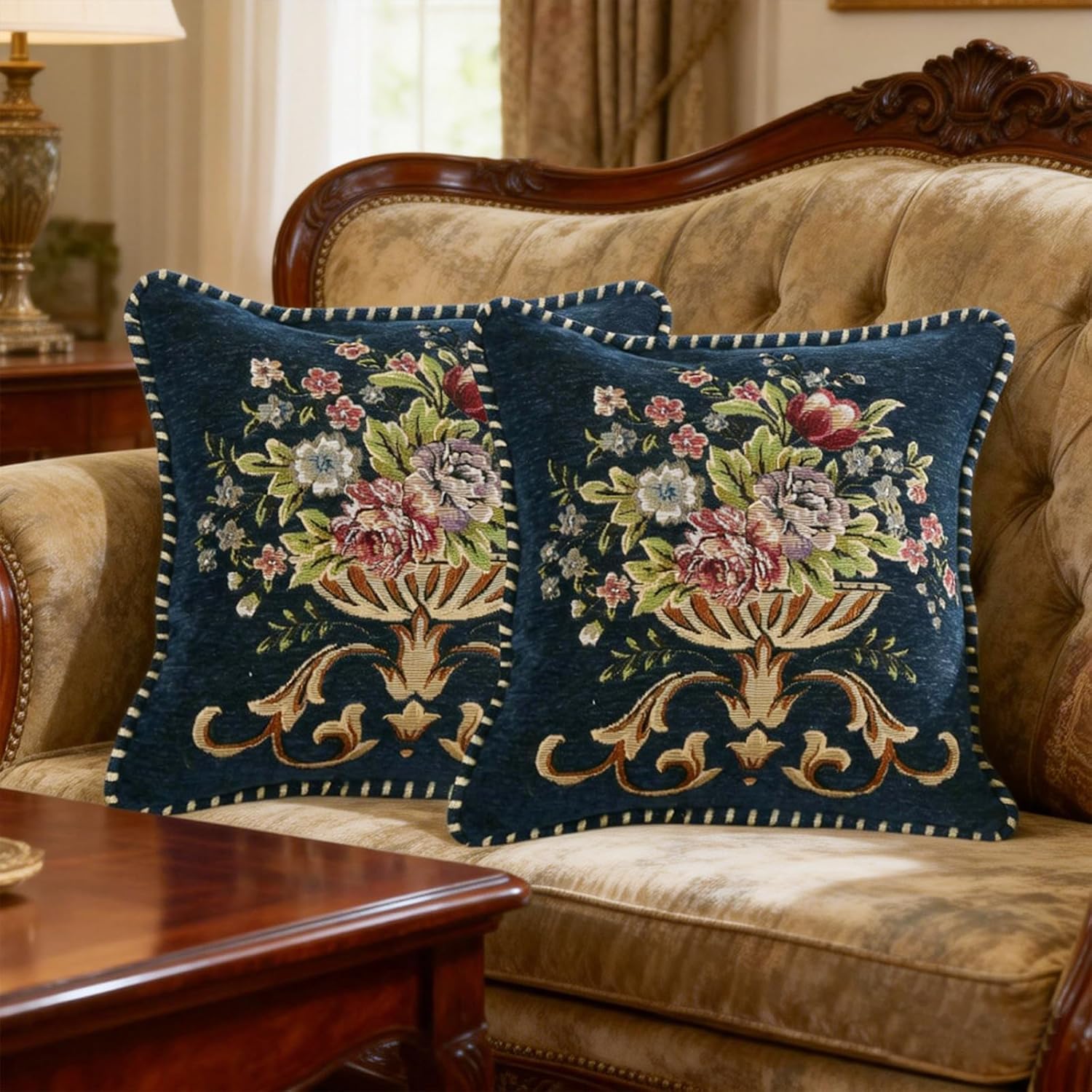 Set of 2 Blue Vintage Embroidered Throw Pillows Covers 18x18in Spring Vintage Decorations Floral Embroidered Cushion Cover for Sofa Couch Bed Chairs Car