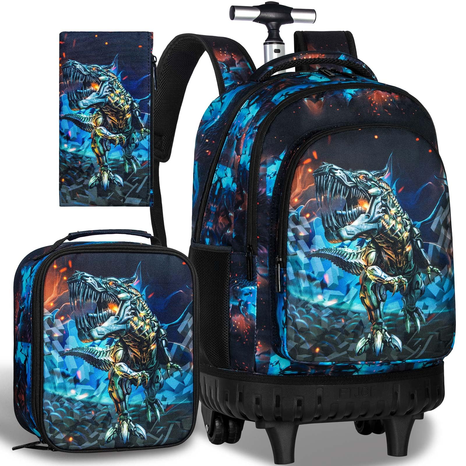 CCJPXRolling Backpack for Boys, 21 Inch Dinosaur Bookbag with Roller Wheels, Water Resistant Wheeled Backpacks Set for Teens Men Elementary School Travel