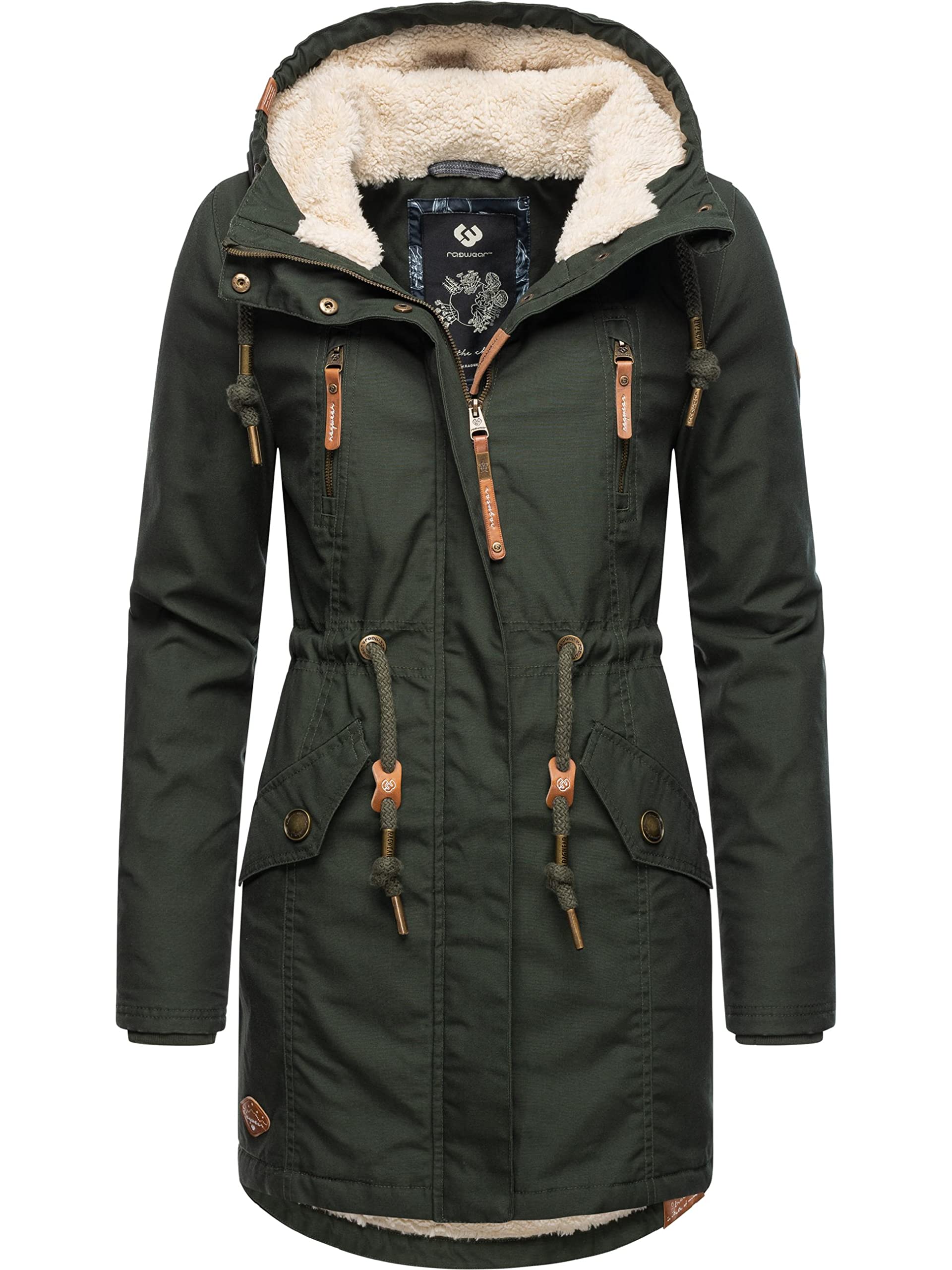 Ragwear Damen Mantel Lange warme Winterjacke Elsie Intl Dark Olive XXL