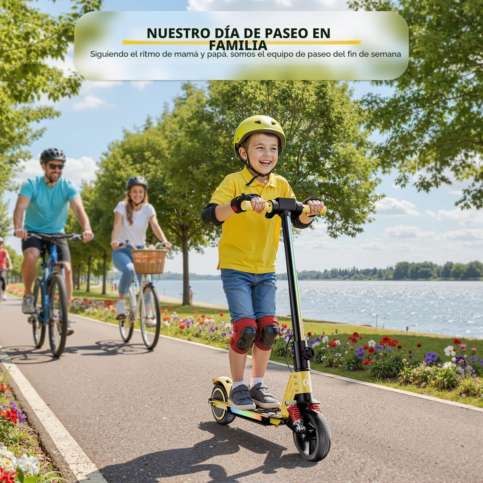 S5 Patín Eléctrico para Niños, Scooter Eléctrico Plegable con Luz LED, Llantas Todo Terreno de 6,5", Velocidad Máx. 14 km/h, para 6-14 Años, Amarillo