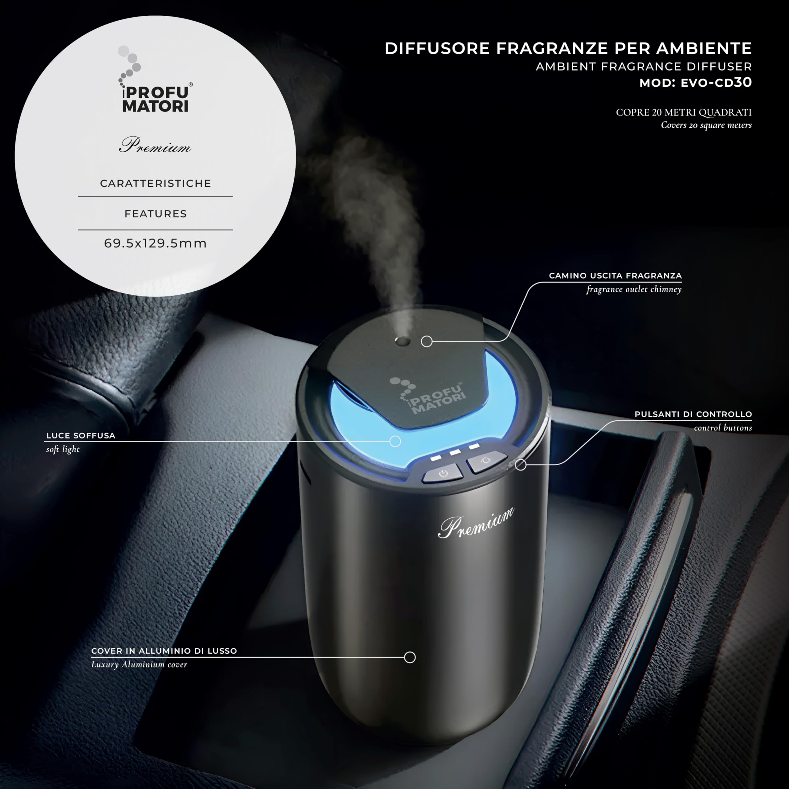 Difusor para Coche eléctrico EVO/CD30, Fragancia incluida Oud Omar, Recarga USB, 3 Niveles de Intensidad, luz Ambiental LED, batería de Larga duración, 15 ml (Color Titanio)