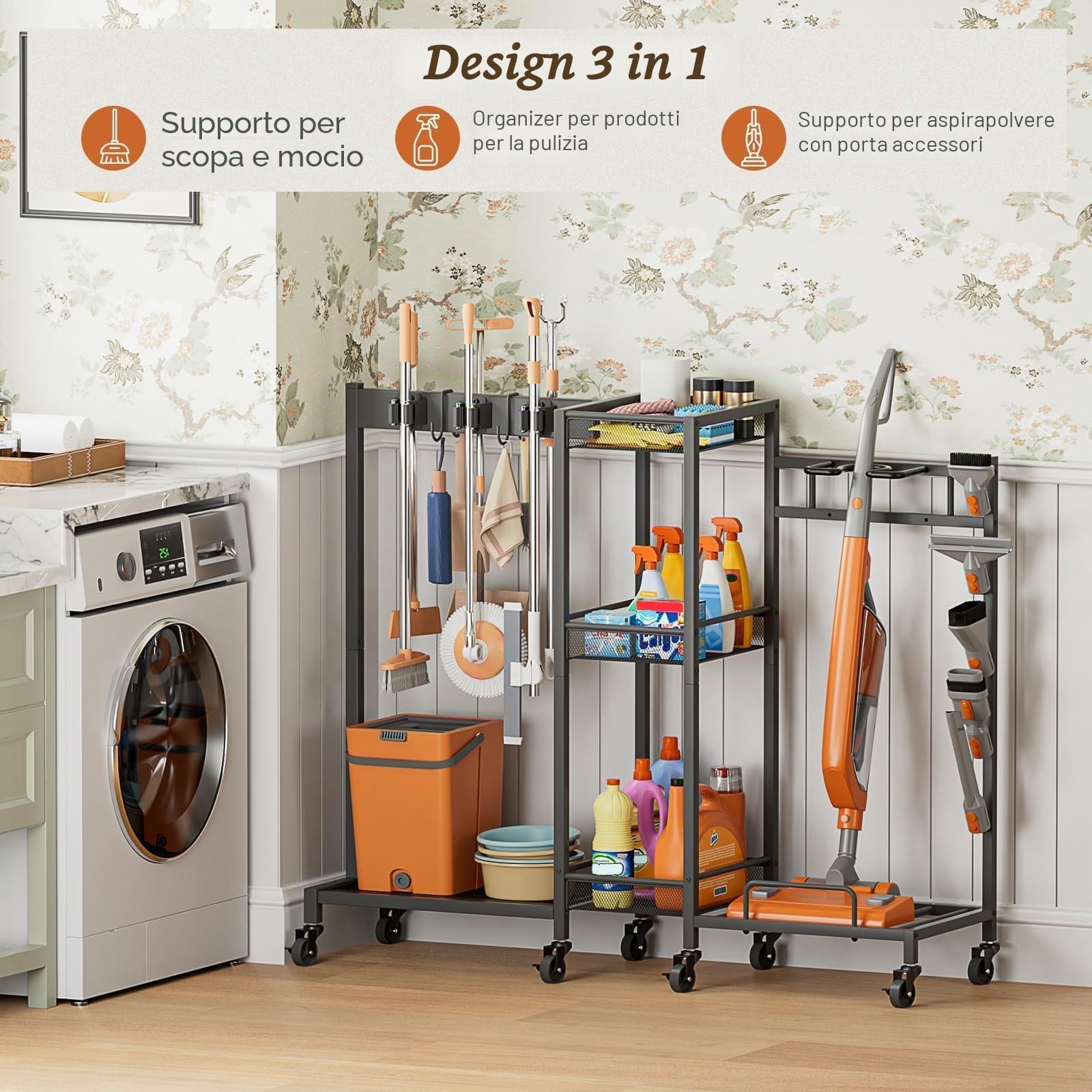 Bikoney Portascope e Organizer Prodotti Pulizia, Carrello Pulizie con Ruote e Armadietto, Mobile Porta Scope e Mocio con Supporto Aspirapolvere, Carrello Multiuso per Casa e Lavanderia