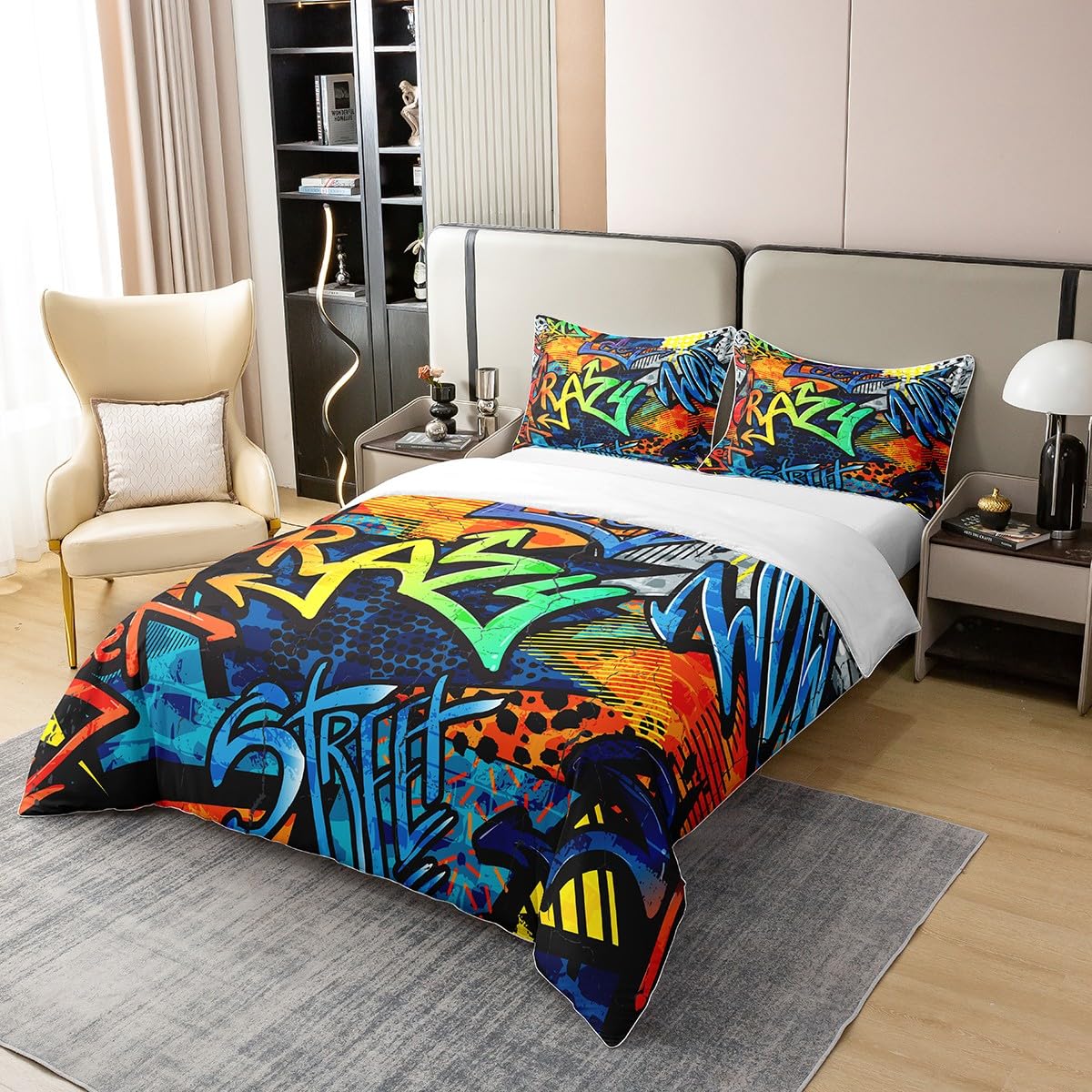 Homemissing Hippie Graffiti Style Housse de Couette 220x240cm 100% Coton Adolescent Hip Hop décoration Enfants Parure de Lit Garçon Fille Graffiti Motif Literie Set Street Culture Série 3 pièces