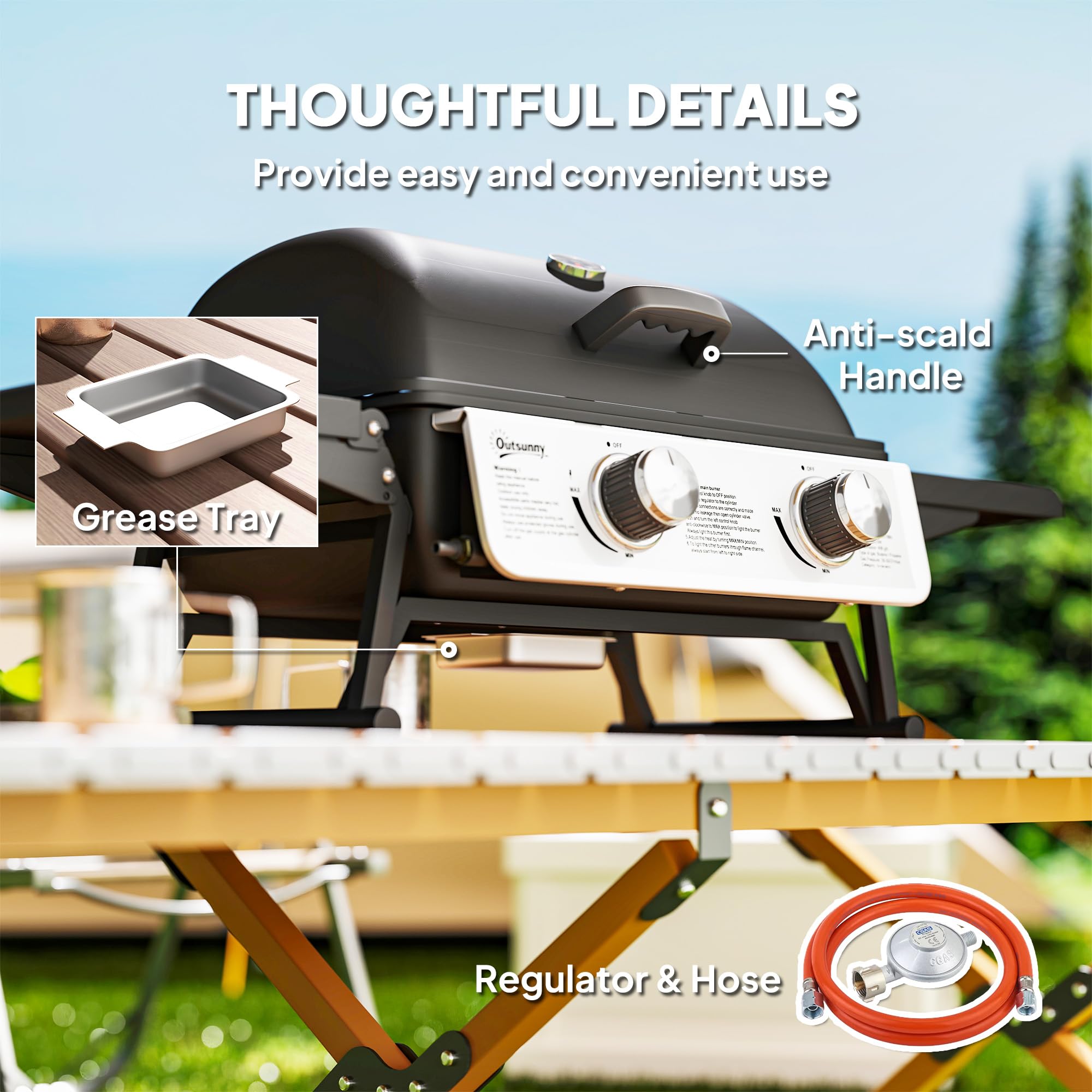 Outsunny Barbecue a gas da tavolo trasportabile, 2 bruciatori da 5,6 kW, barbecue a gas da campeggio con griglia di cottura, ripiani laterali, coperchio, termometro, per campeggio, giardino e balcone,