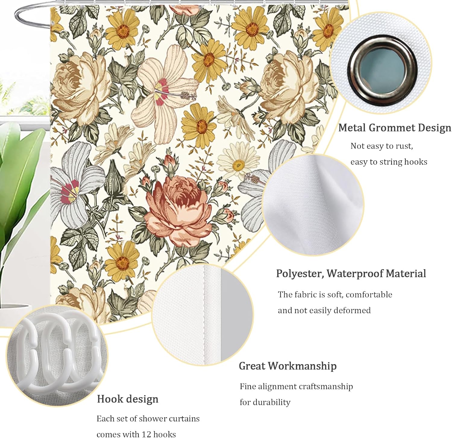 Floral Shower Curtain for Bathroom Vintage Yellow Flower 150GSM Shower Curtains Country Bright Waterproof Fabric Bathroom Curtain with Hooks Modern Aesthetic, 72"×72"