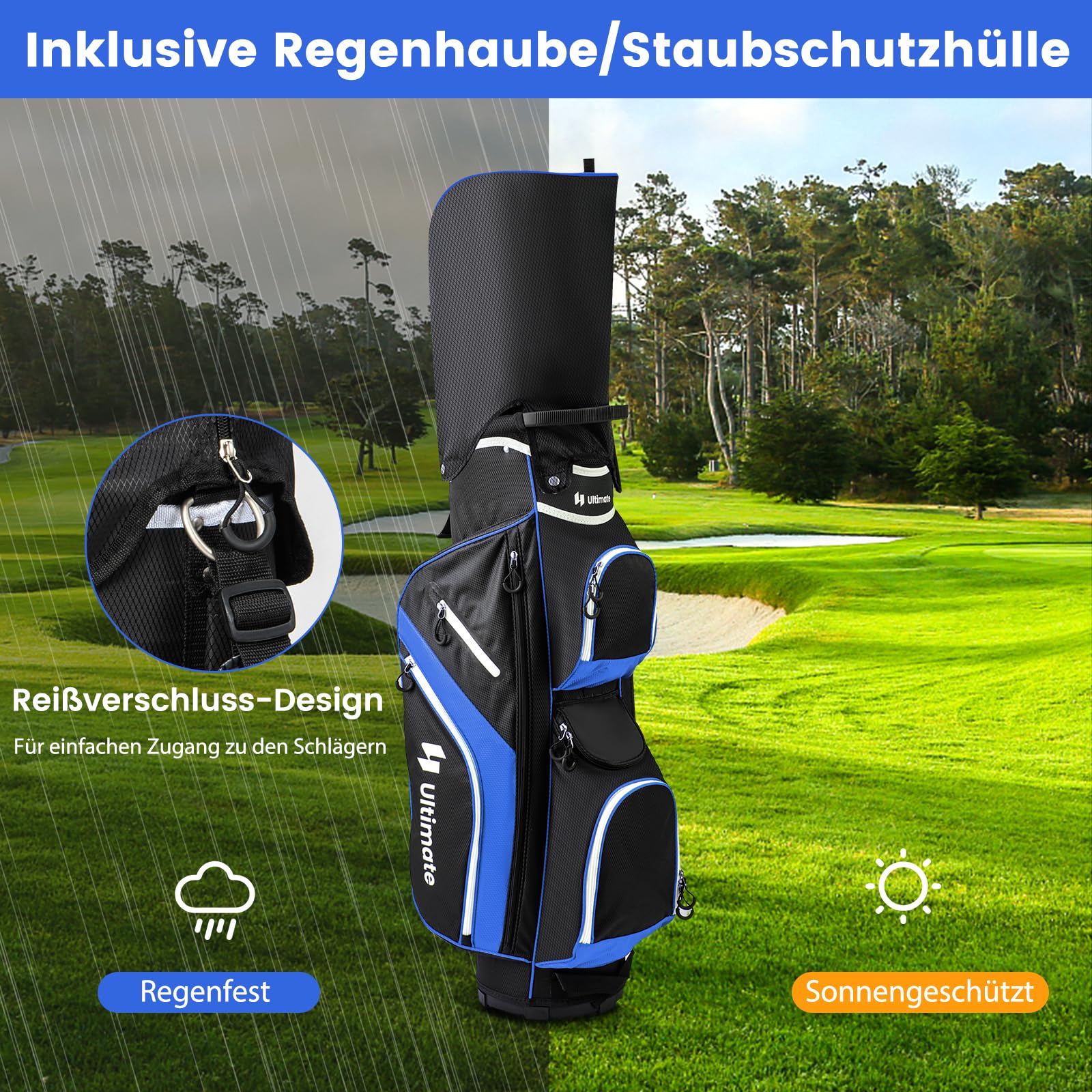 COSTWAY Golfbag leicht, tragbares Golf Cart Bag mit 14 er Unterteilung, Golftasche wasserabweisend mit Regenhaube, 9 Taschen, Kühltasche & Schirmhalter, Caddybag für Herren & Damen