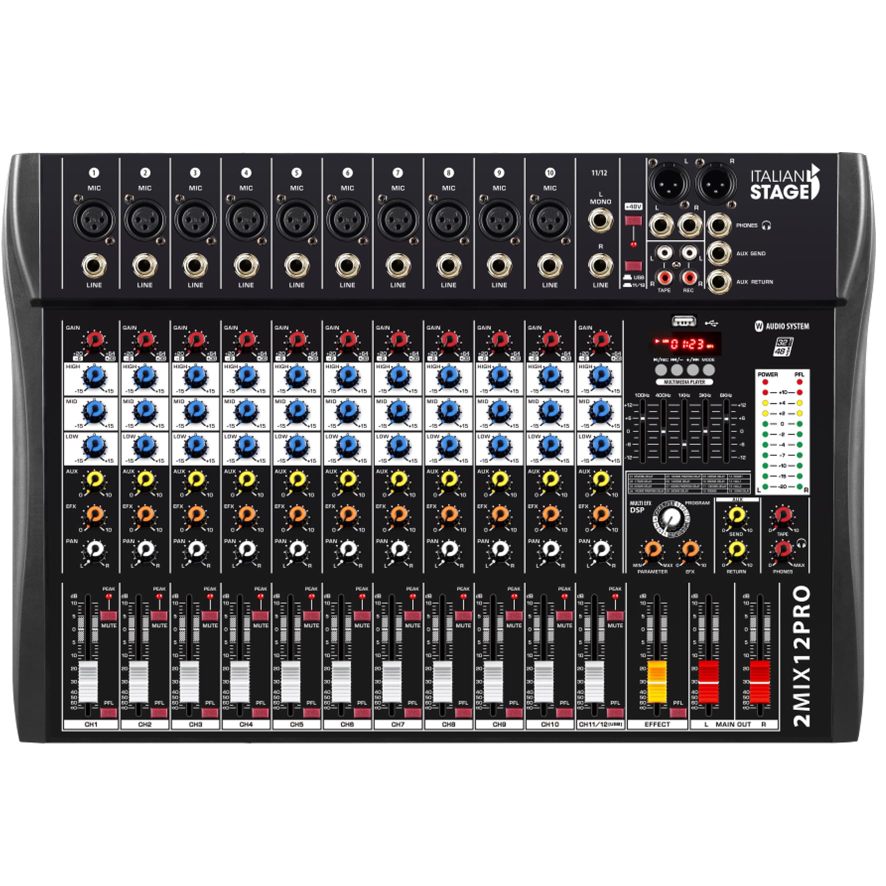 Italian Stage IS 2MIX12PRO - Mixer audio stereo 12 canali + DSP Multi FX, Lettore/registratore USB integrato e Bluetooth, Nero