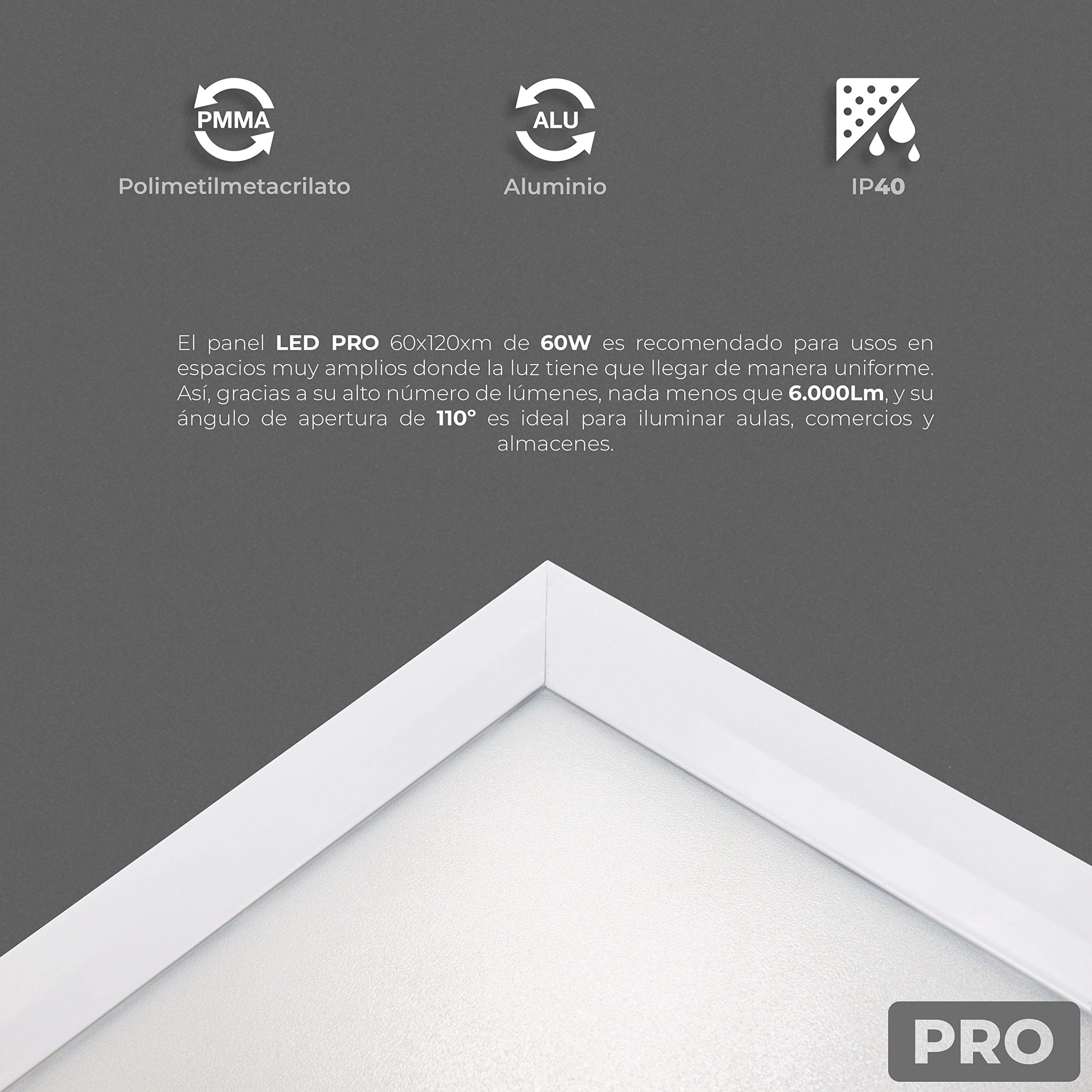 Popp® Panel LED PRO 60W con lente PMMA, 220V, 6000Lm, IP40 Blanco 60x120cm *(Driver LIFUD incluido) No flicker no requiere tornillos instalación, para techos desmontables(60x120cm Pack 2, 4000K)
