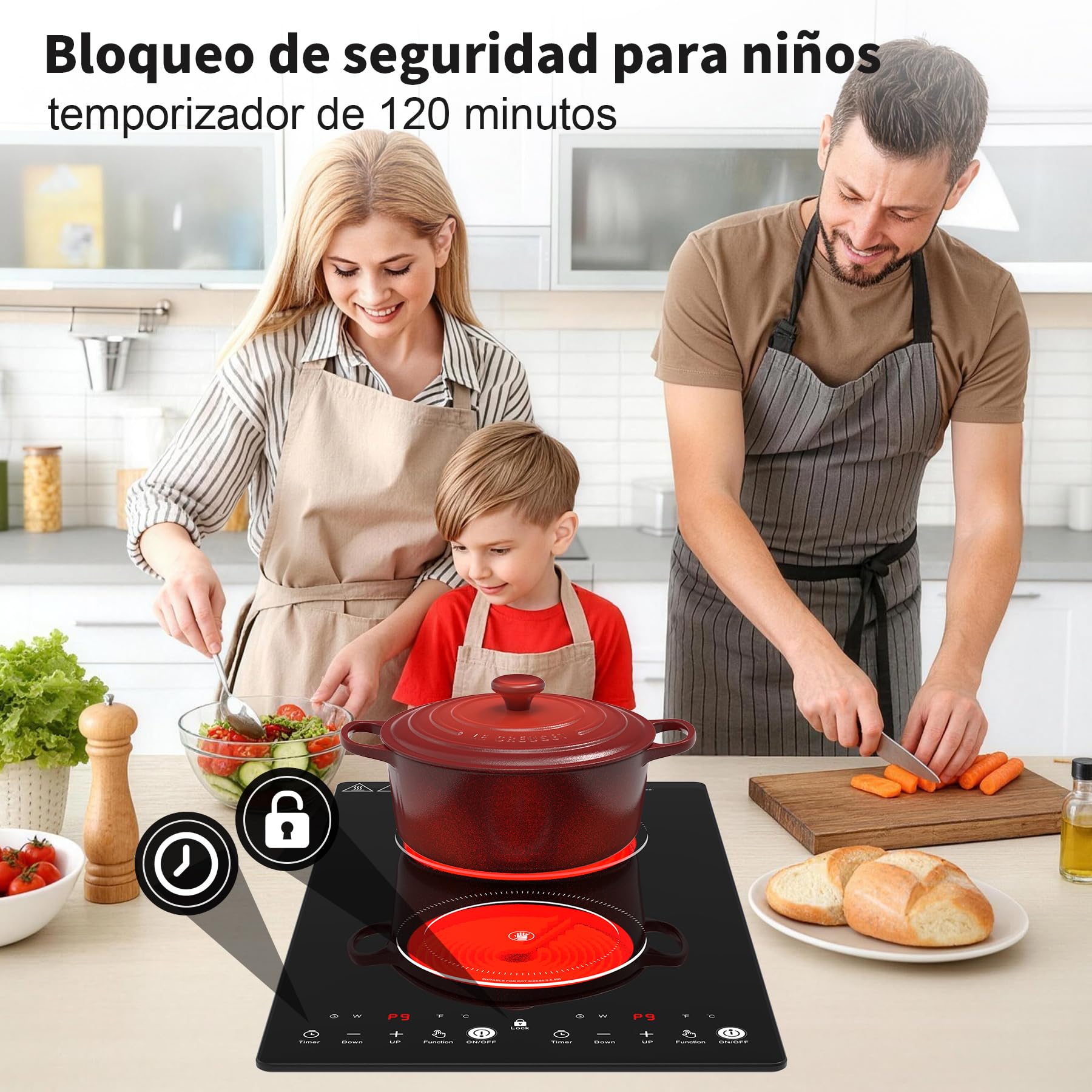 VBGK placa vitroceramica，220V 3000W placa de vitroceramica con control táctil LED, 9 niveles de potencia, bloqueo de seguridad infantil, temporizador de 2 horas.