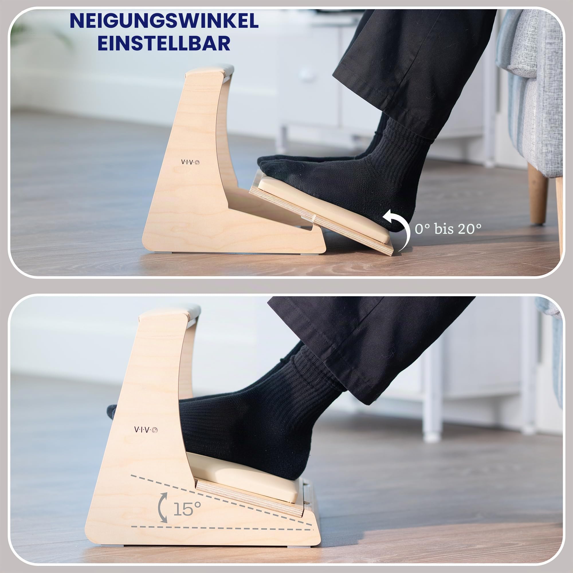 VIVO Fußstütze unter dem Schreibtisch mit verstecktem Staufach für Schuhe, neigbare Plattform und Beinstütze mit Dicker Polsterung, helles Holz, STAND-FT03