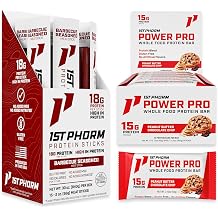1st Phorm Meat Sticks, Seasoned BBQ, 18G Protein per Serving, No MSG or Nitrates, 15 Count + 1st Phorm Protein Bar, Peanut Butter Chocolate Chip, 15G Whole Food Protein, Gluten Free 15 Count