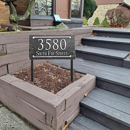 Miniatura 5 de Señal de dirección montada en césped - Letrero personalizado de número de casa con 2 estacas sólidas de metal, números de dirección para exteriores