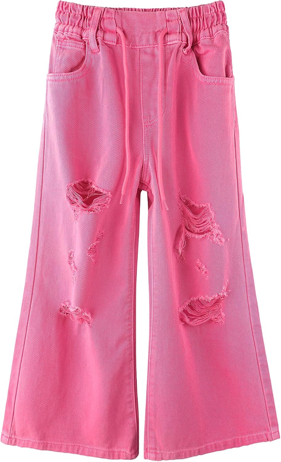 KIDSCOOL SPACE Girls Wide-Leg Colored Denim Jeans, 5-14T Loose Elastic Waist with String Ripped Flared Pants