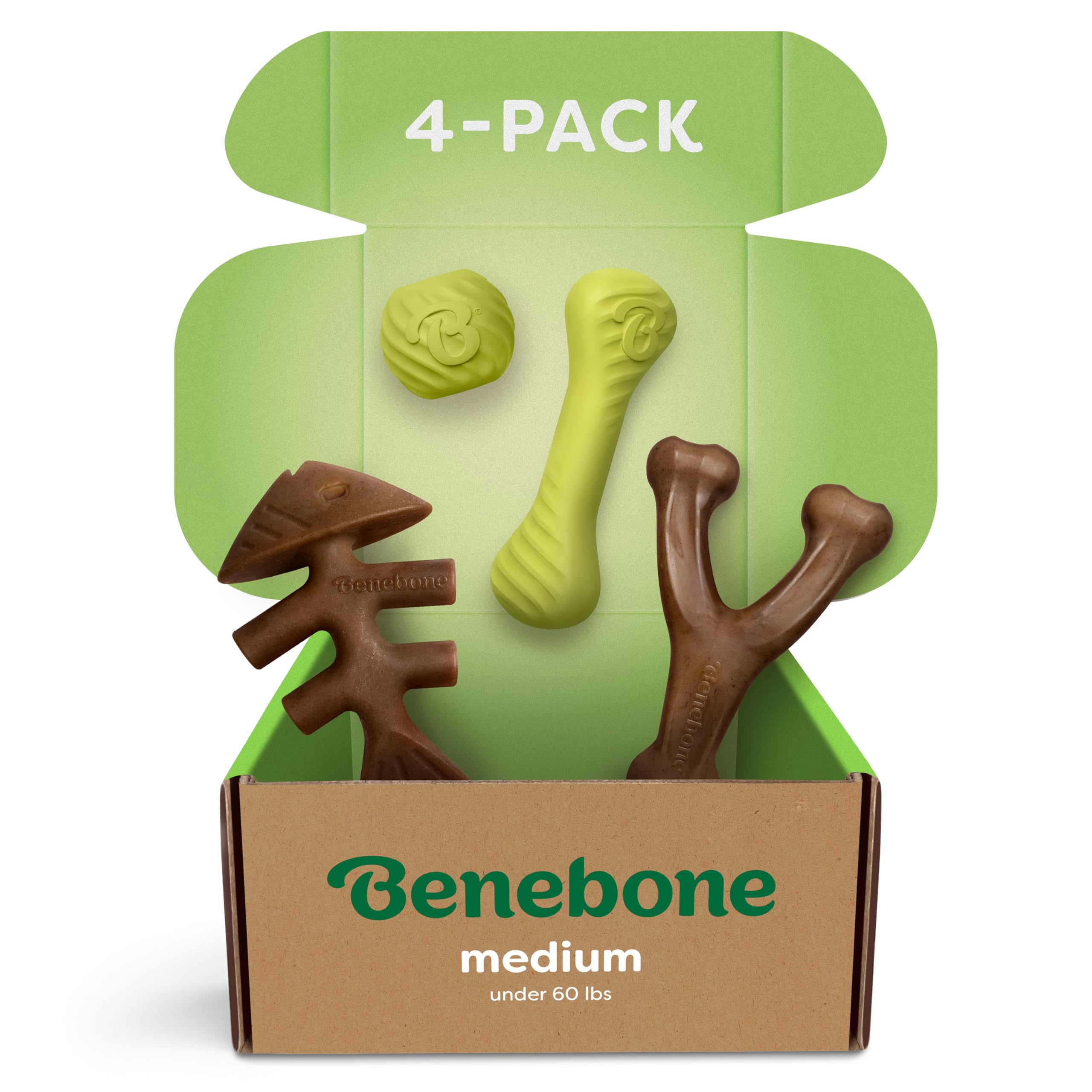 Benebone 4-Pack Ball/Bone/Bacon Wishbone/Fishbone Medium