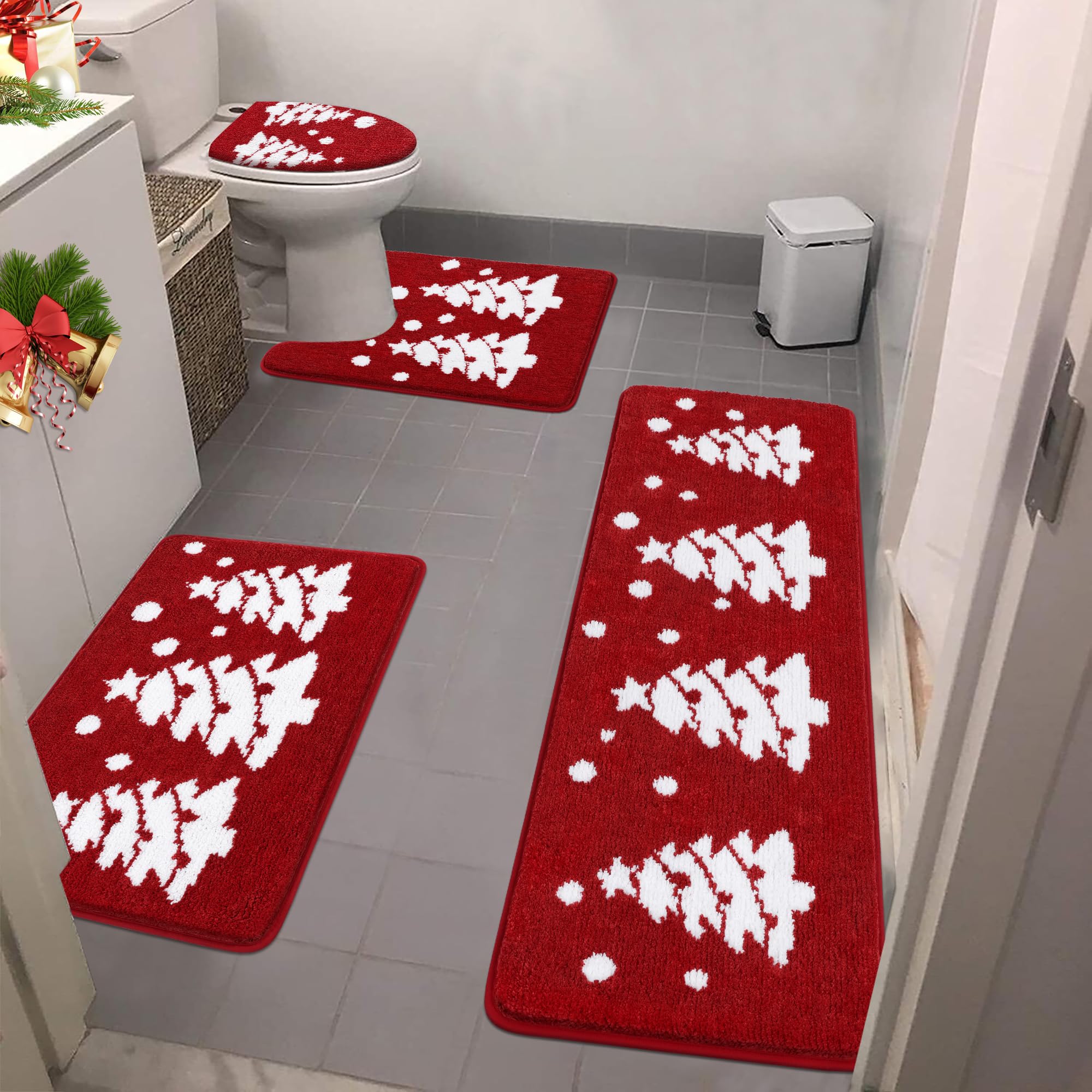 Bsmathom Christmas Bathroom Rugs Sets 4 Piece with Toilet Cover, Red Christmas Absorbent Non Slip Bath Mats, Machine Washable Bathroom Rugs with U-Shaped Contour Toilet Mat