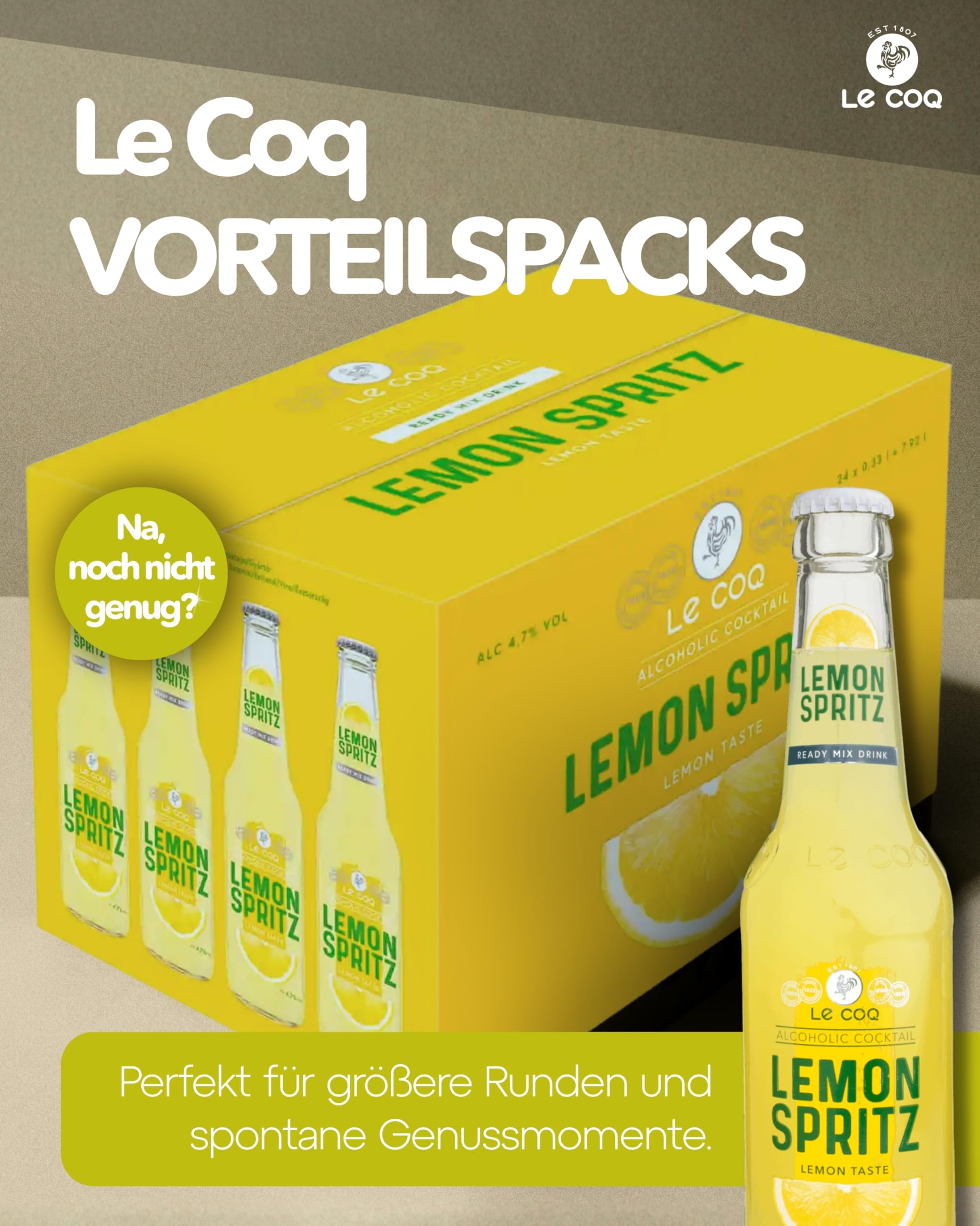 Le Coq Lemon Spritz RTD | 24 x 0,33 L | 4,7% Vol. | Erfrischender Lemon Spritz Cocktail fertig gemixt | Belebender Genuss mit Zitrone, spritzig & leicht | Gekühlt genießen perfekt für Unterwegs