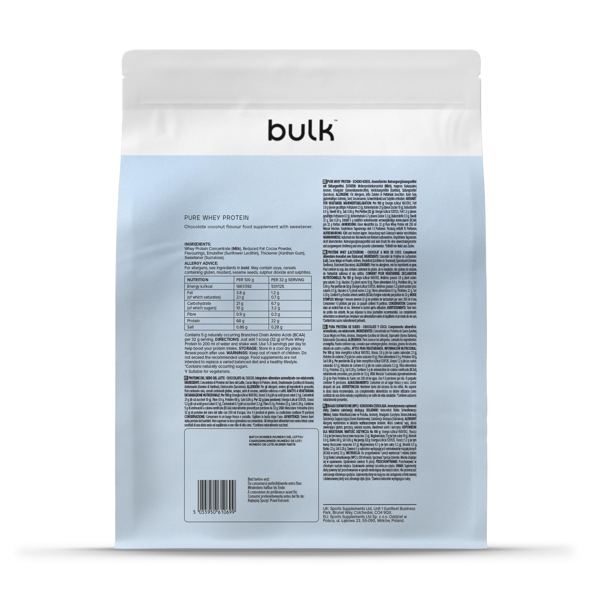 Bulk Pure Whey Proteína en Polvo, Chocolate & Coco, 2.5kg