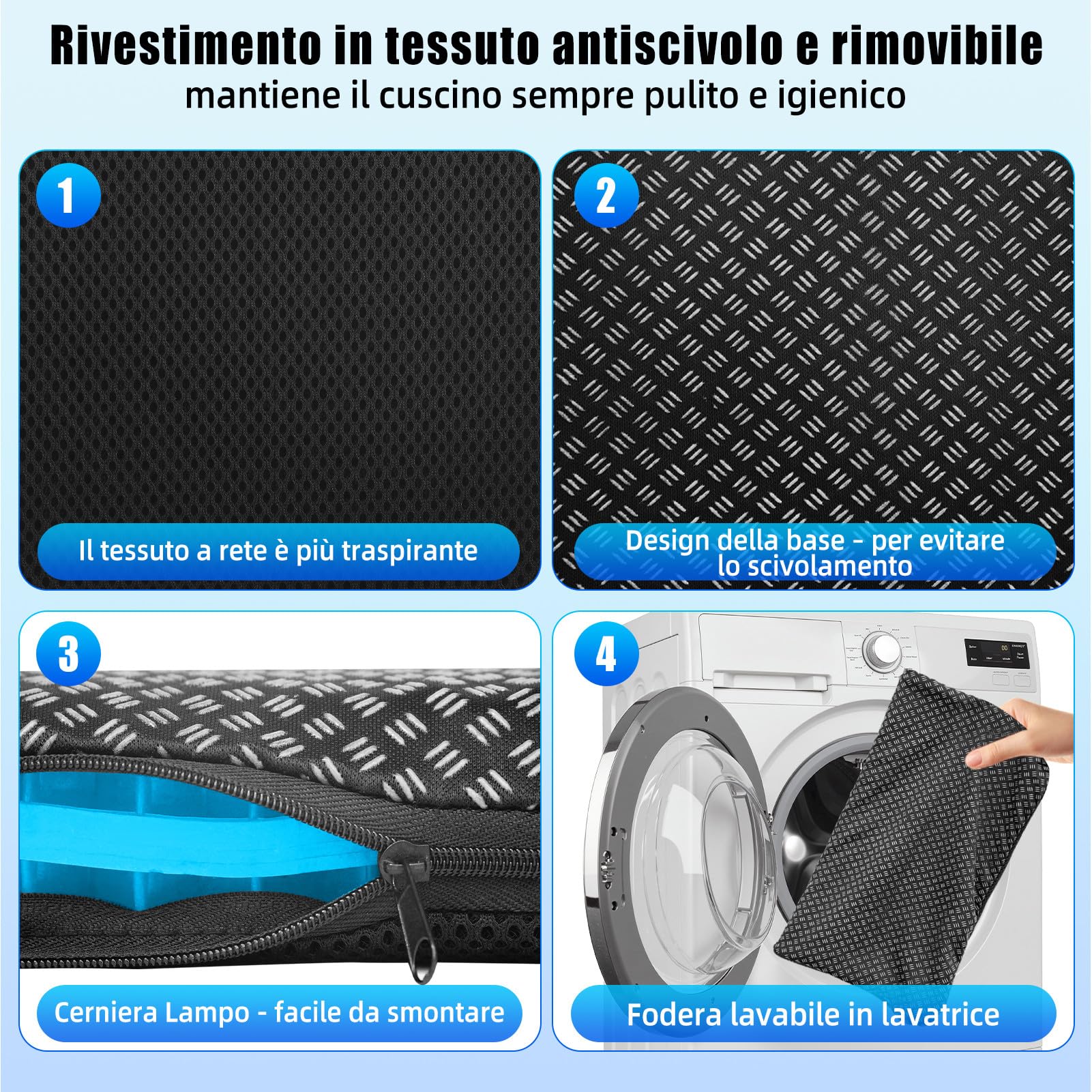 Cuscino Sedia Ufficio、Cuscino Gel Sedia-Questo è Cuscino Antidecubito per Sedia a Rotelle Dotato di Fodera Rimovibile e Lavabile.Adatto per Ufficio,Auto e uso Domestico (Azzurro cielo, 42cm*39cm*4cm)