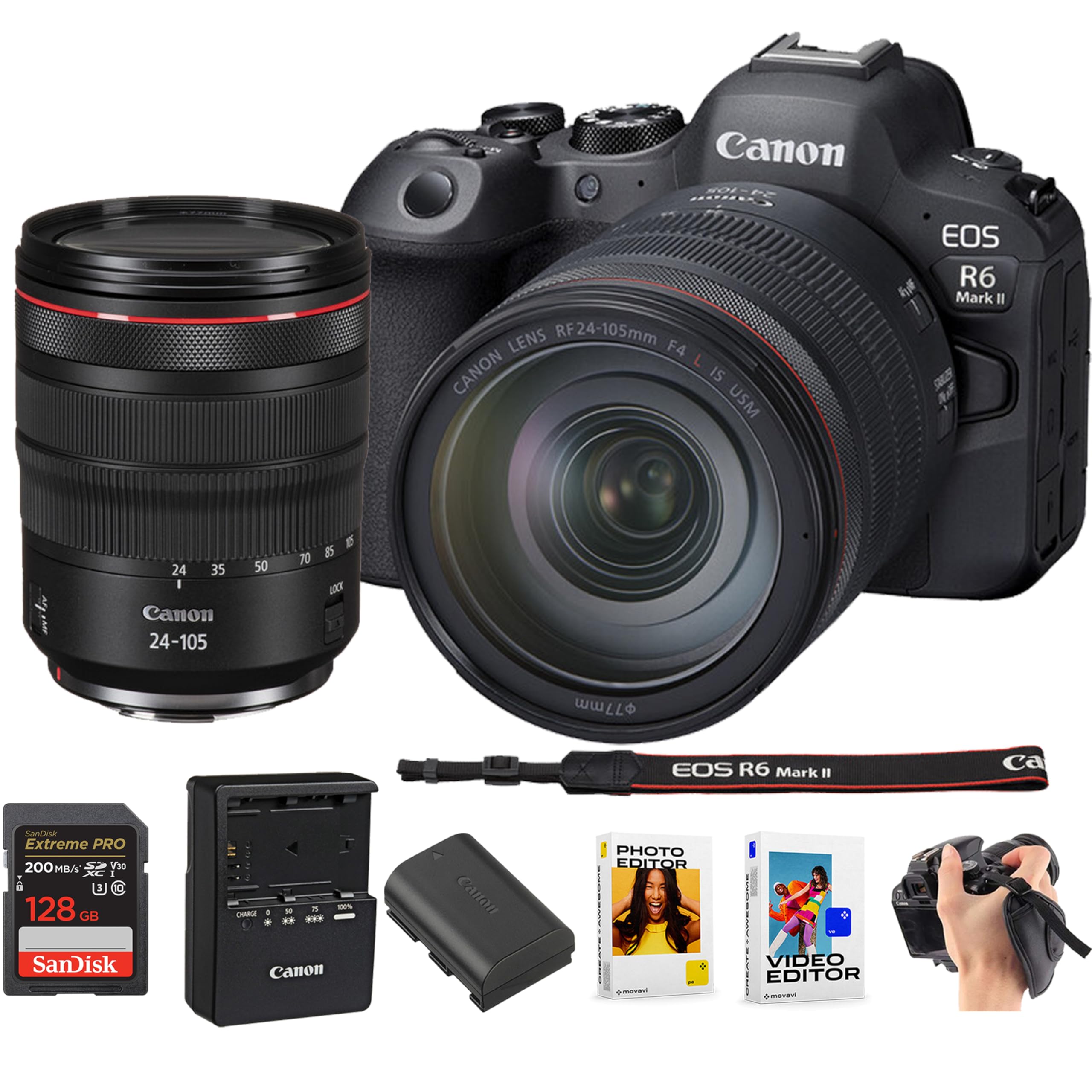 Canon EOS R6 Mark II Mirrorless Digital Camera with RF 24-105mm L is USM Lens | 24.2MP Full-Frame CMOS Sensor + 128GB Extreme Speed Memory + Photo & Video Editing Software Pack-Essential Kit (Renewed)