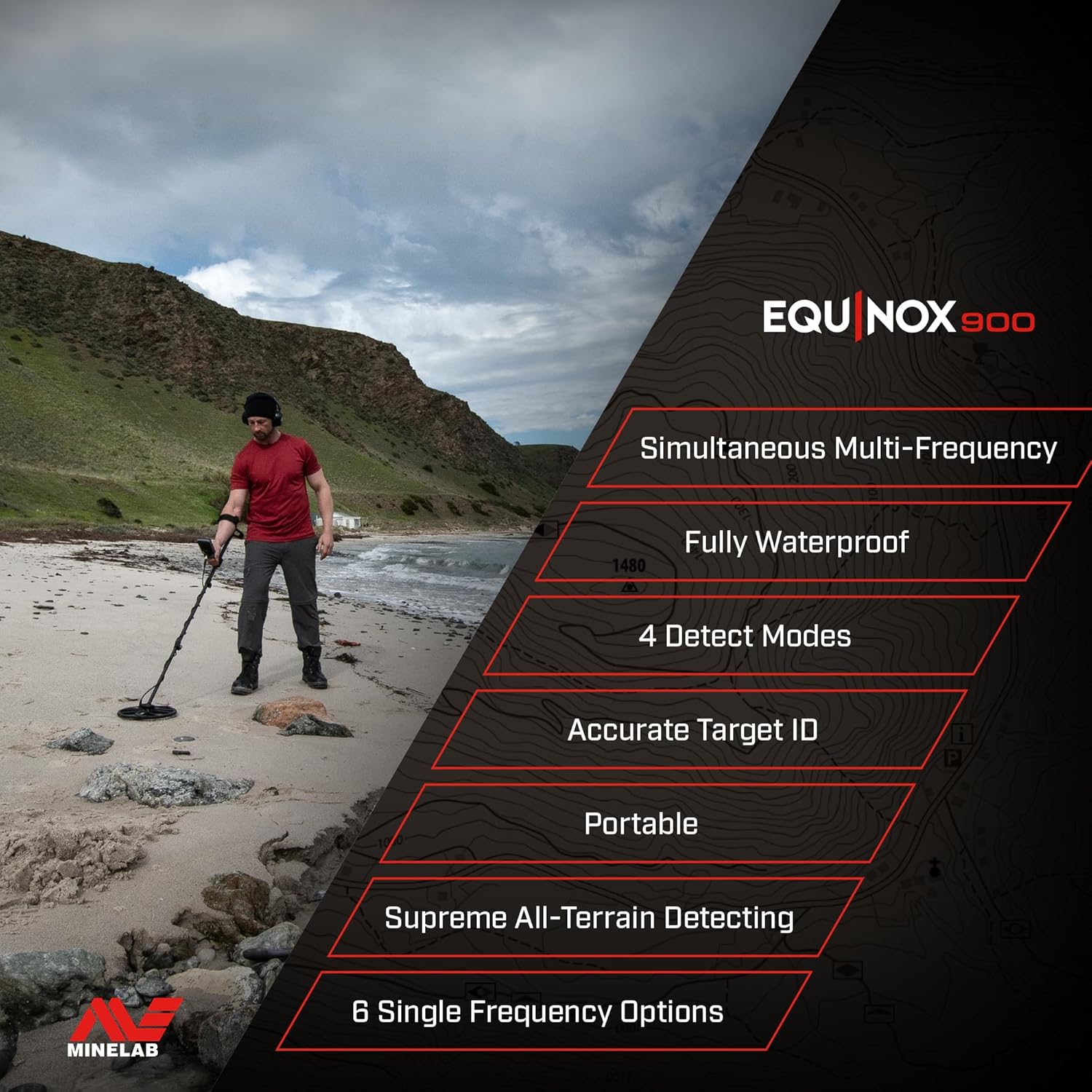 MINELAB Equinox 900 Multi-Frequency Collapsible Metal Detector for Adults with EQX 11" & 6” Waterproof Double-D Coils (Option for 6 Single Frequencies, 4 Detect Modes, Wireless Headphones Included)