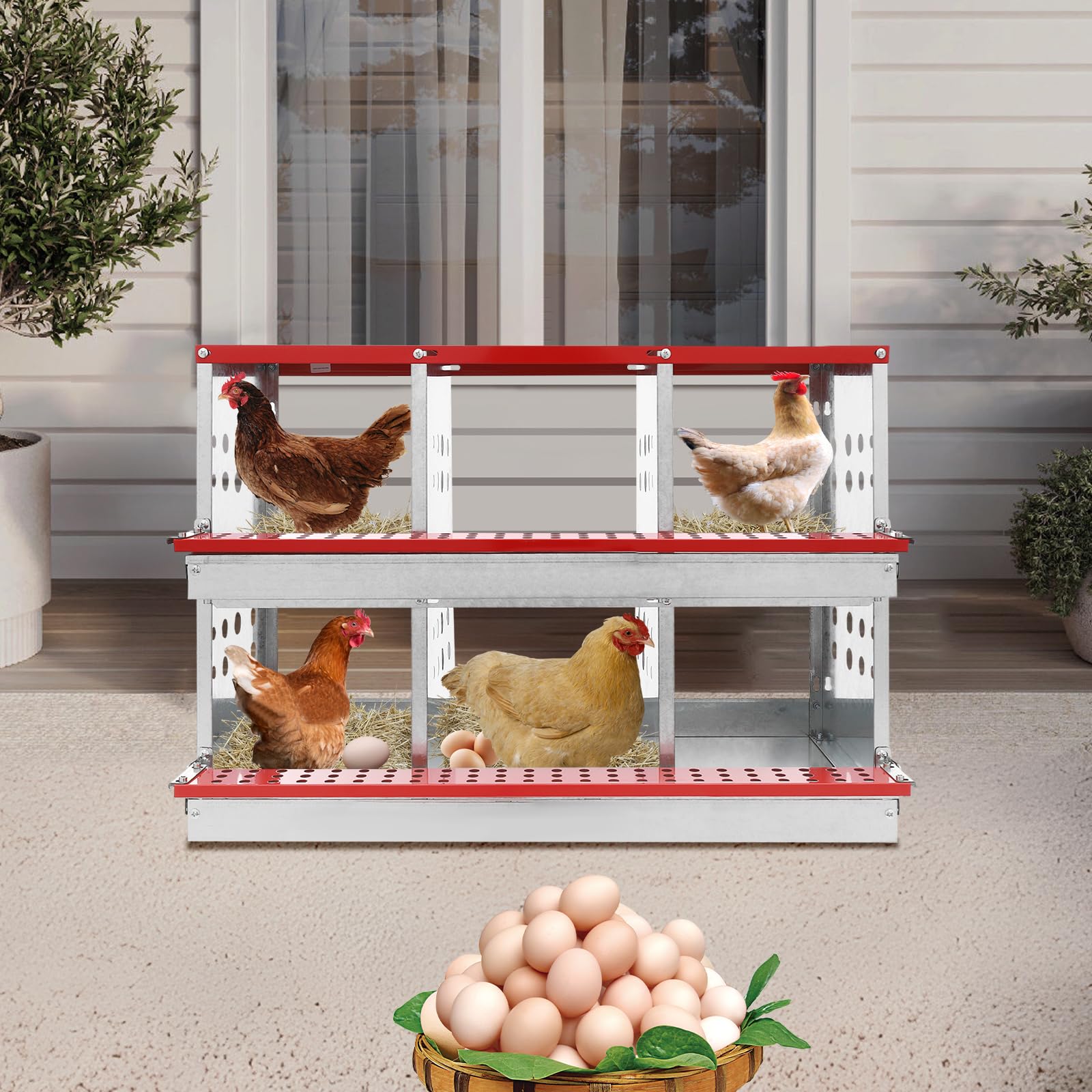 Nest per galline a 6 scomparti, in metallo, con nido arrotolabile e posatoi, accessorio per la raccolta delle uova, autoportante per gallina e anatra, 84 x 42 x 62 cm