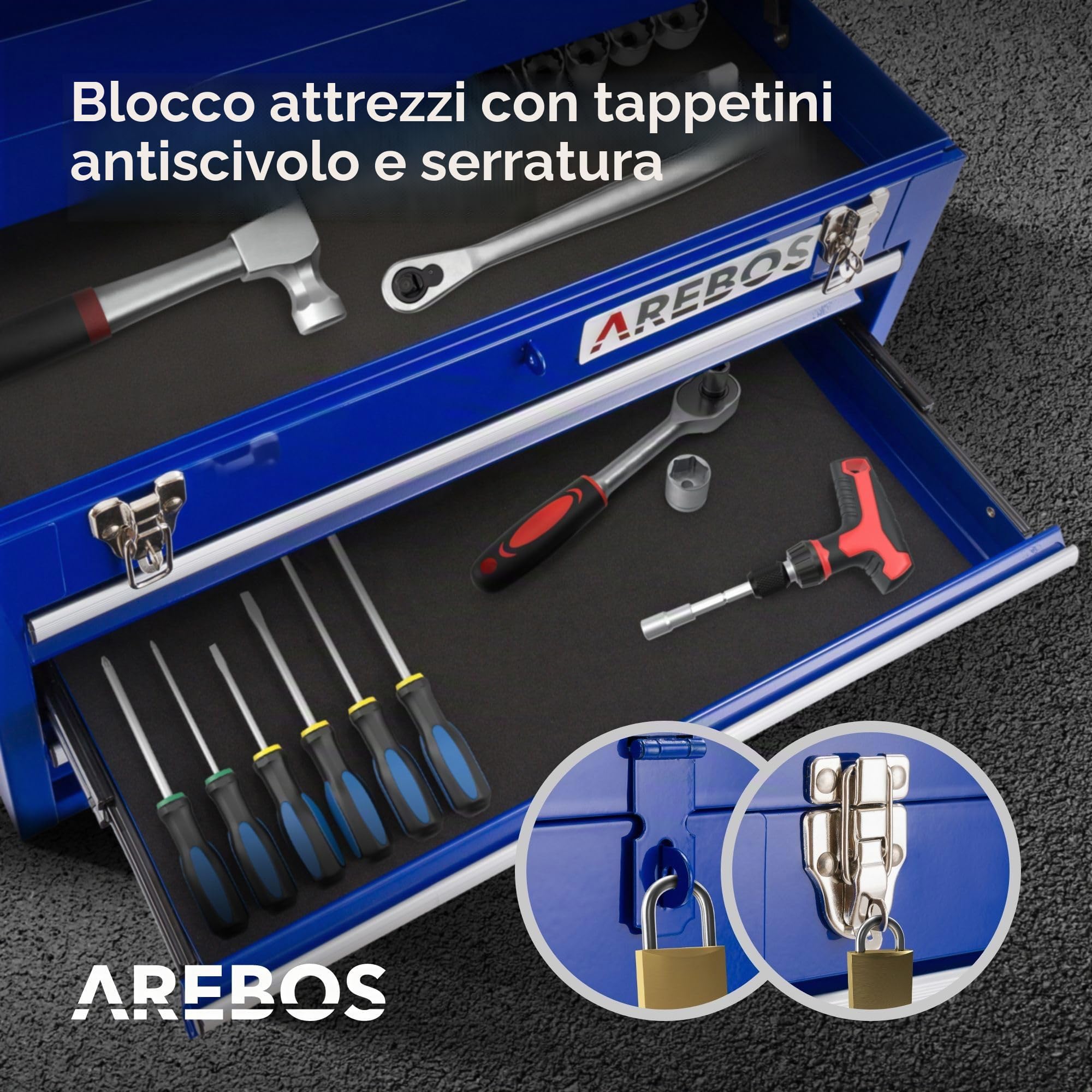 Arebos Cassetta degli Attrezzi | 3 Cassetti | Blu | con Tappetini antiscivolo | Funzione snap-in