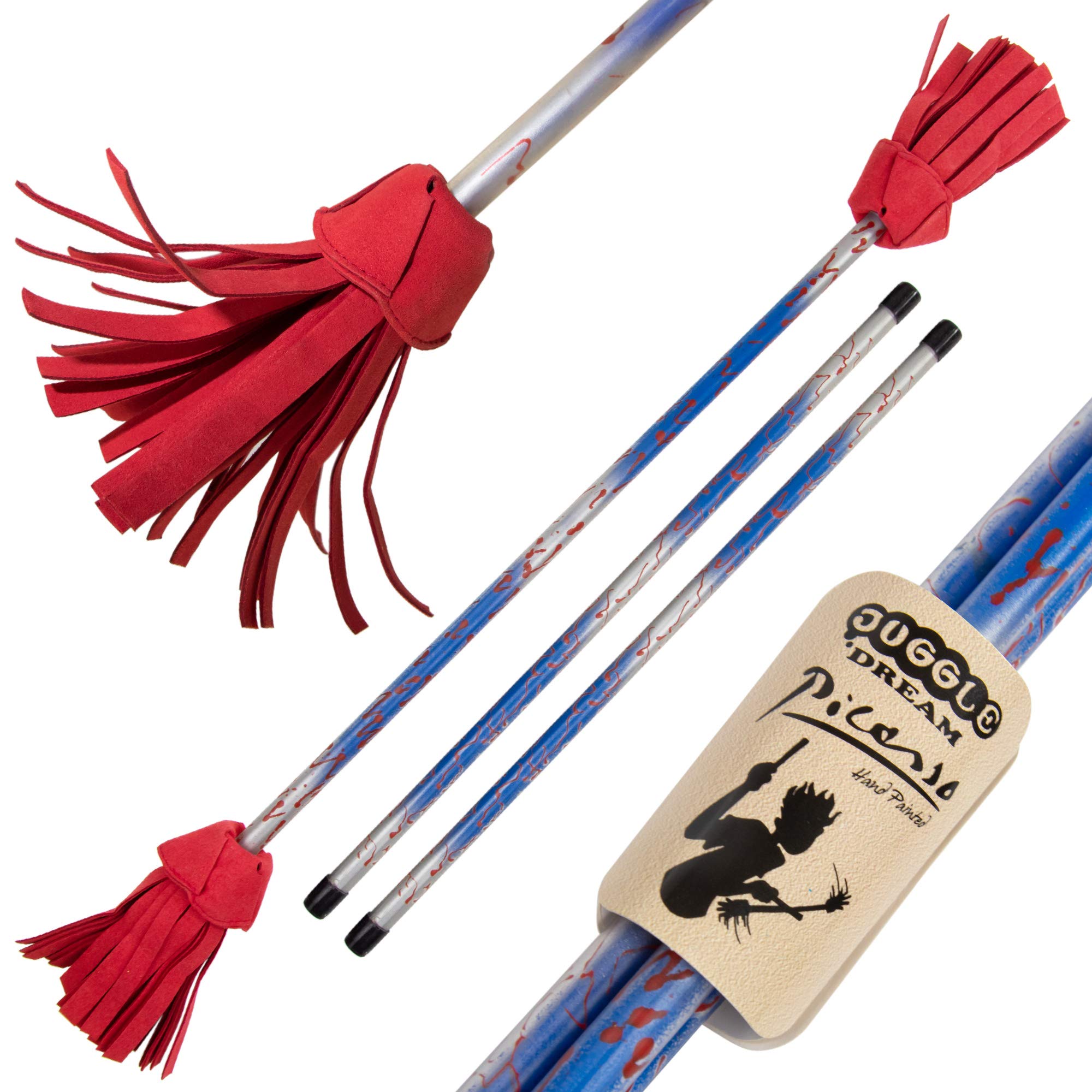 Juggle Dream Picasso Flowerstick avec Baguettes en Silicone Ultra Adhérentes. Bâton du Diable pour Jongler et Danser (Bleu/Argent/Rouge Pompons)
