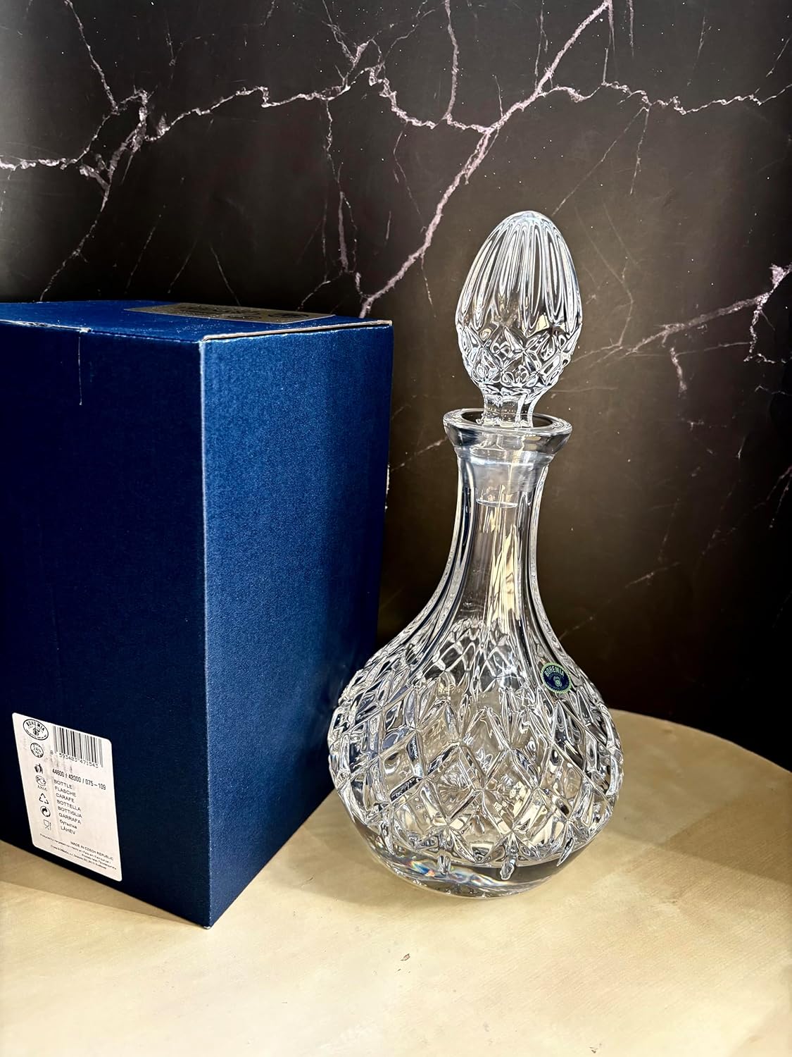 Czech Crystal Glass Whiskey Decanter 25oz./750ml. Elegant Vintage Design Heavy Base Old Fashioned Style Bottle Scotch Bourbon Cognac Vodka Brandy Carafe
