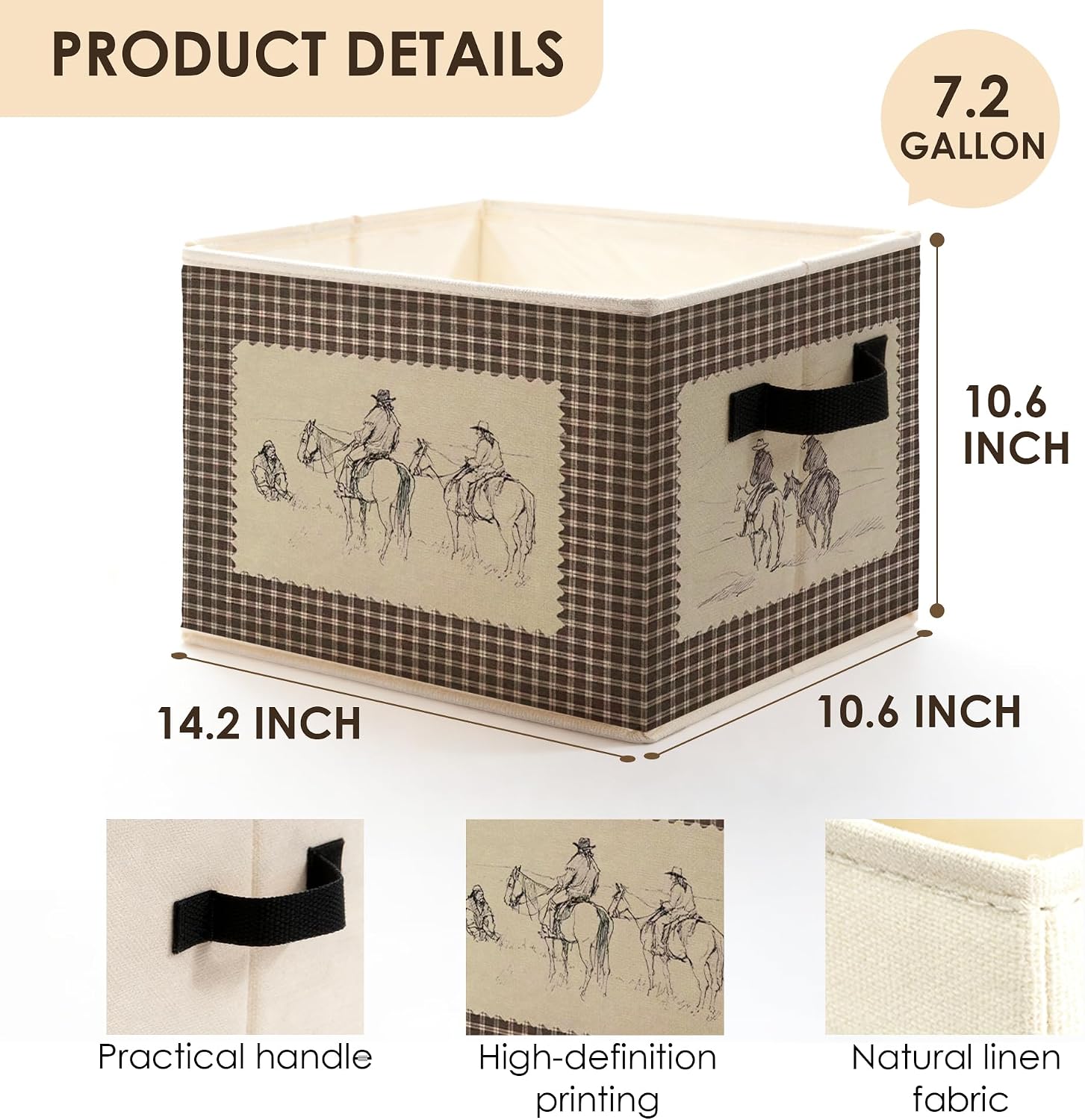 Vintage Western Cowboy Gingham Plaid Storage Bins Box with Handles, Retro Country Cowboy Horse Checkered Foldable Basket Toybox for Bedroom Bathroom Home Clothes Toys Books