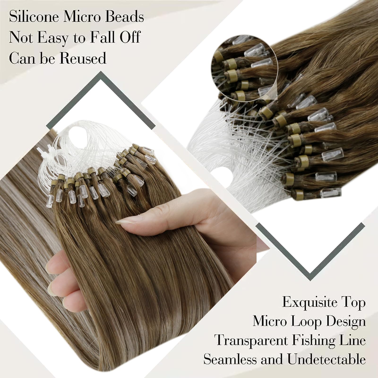 LaaVoo Micro Loop Hair Extensions Real Human Hair Blonde Remy Straight Balayage Light Brown to White Blonde Invisible Micro Ring Hair Extensions 50g 50s 16 Inch #8/60/8 - Image 2