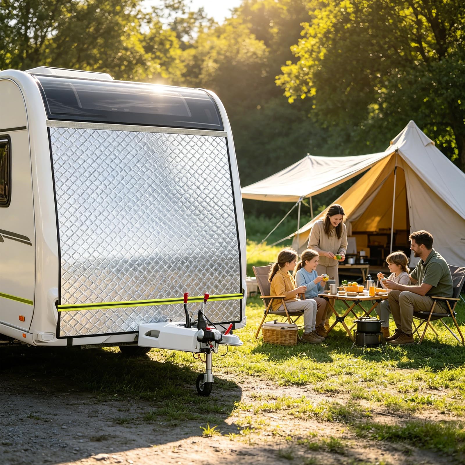 Wohnwagen Bugschutzplane Thermo, Luftvorzelt für Wohnwagen Schutzhülle Front mit Keder, Thermomatte außen Winterfest & Wasserdicht - Wohnwagen Abdeckung Bugfenster & Gaskasten (200 * 160cm)
