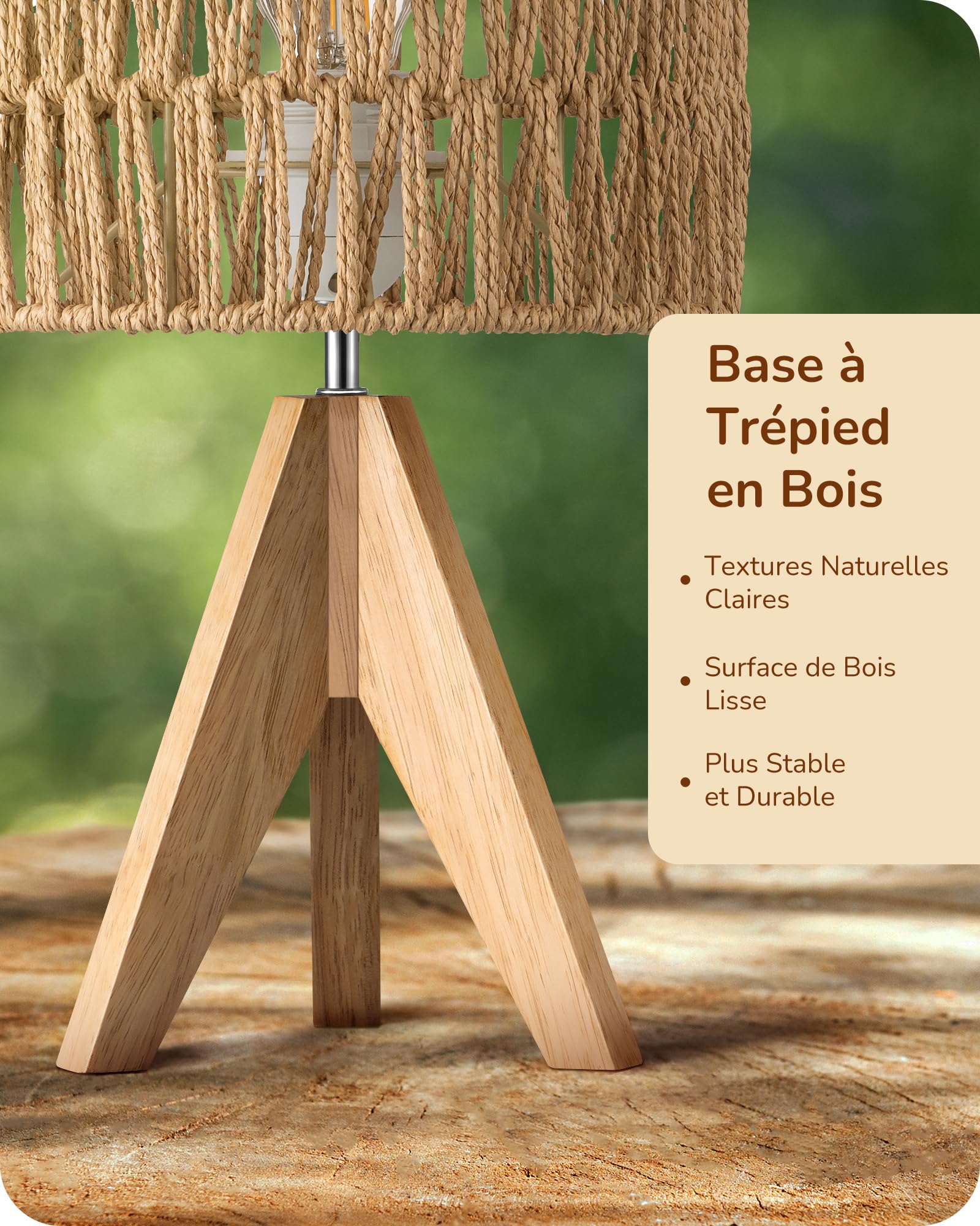 EDISHINE Lampe de Chevet Trépied en Bois Massif, E27 Ampoule de 2700K 4W Incluse, Abat-jour en Corde Tissée à la Main, 20 x 20 x 36 cm, Lampe de Table Moderne pour Chambre, Salon, Hôtel