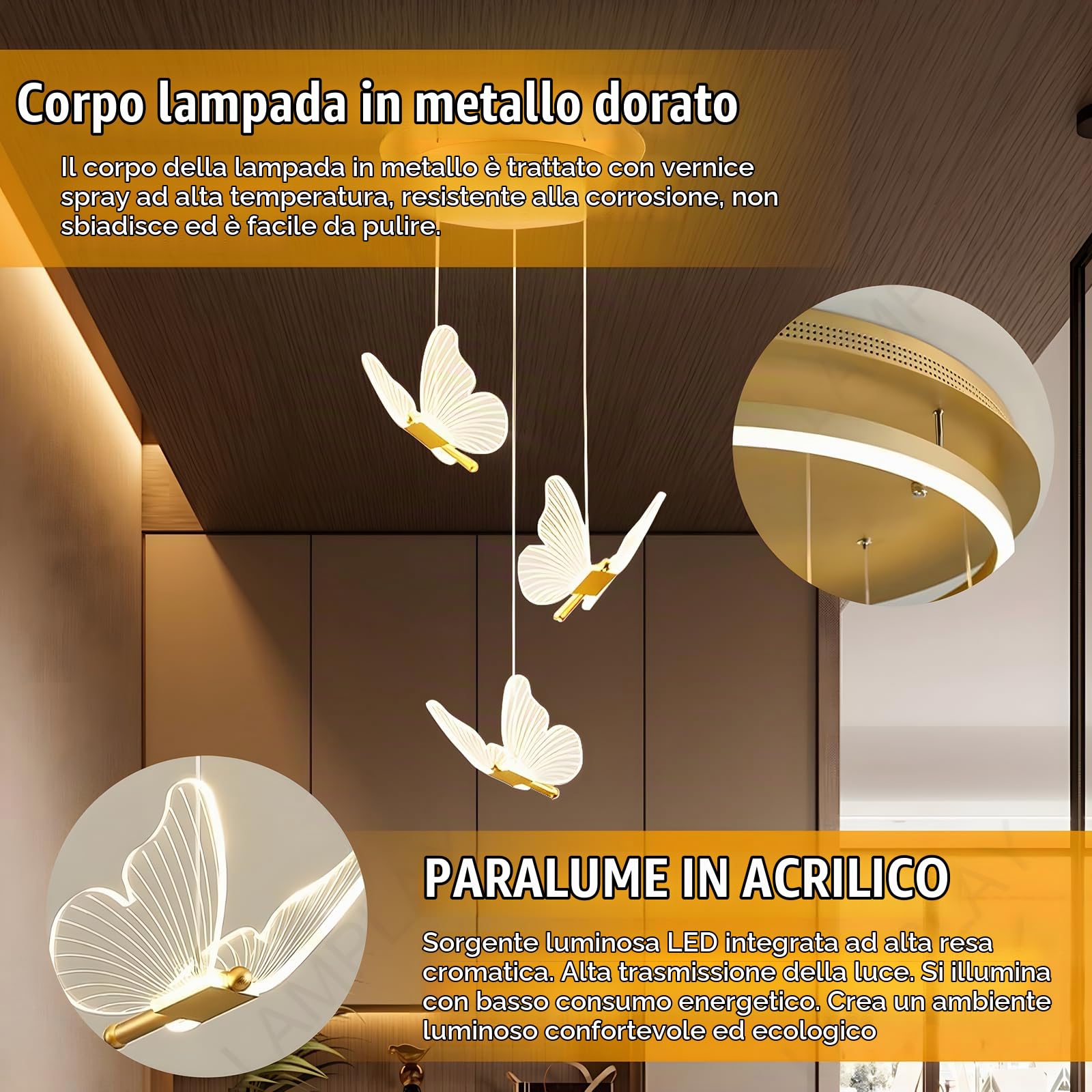 Lampadario Moderno A LED Dorato, Dimmerabile A 3 Luci A Forma Di Farfalla 3000K-6000K Con Telecomando, Lampada Da Soggiorno Regolabile In Altezza, Per Corridoio Sala Da Pranzo Scale Villa