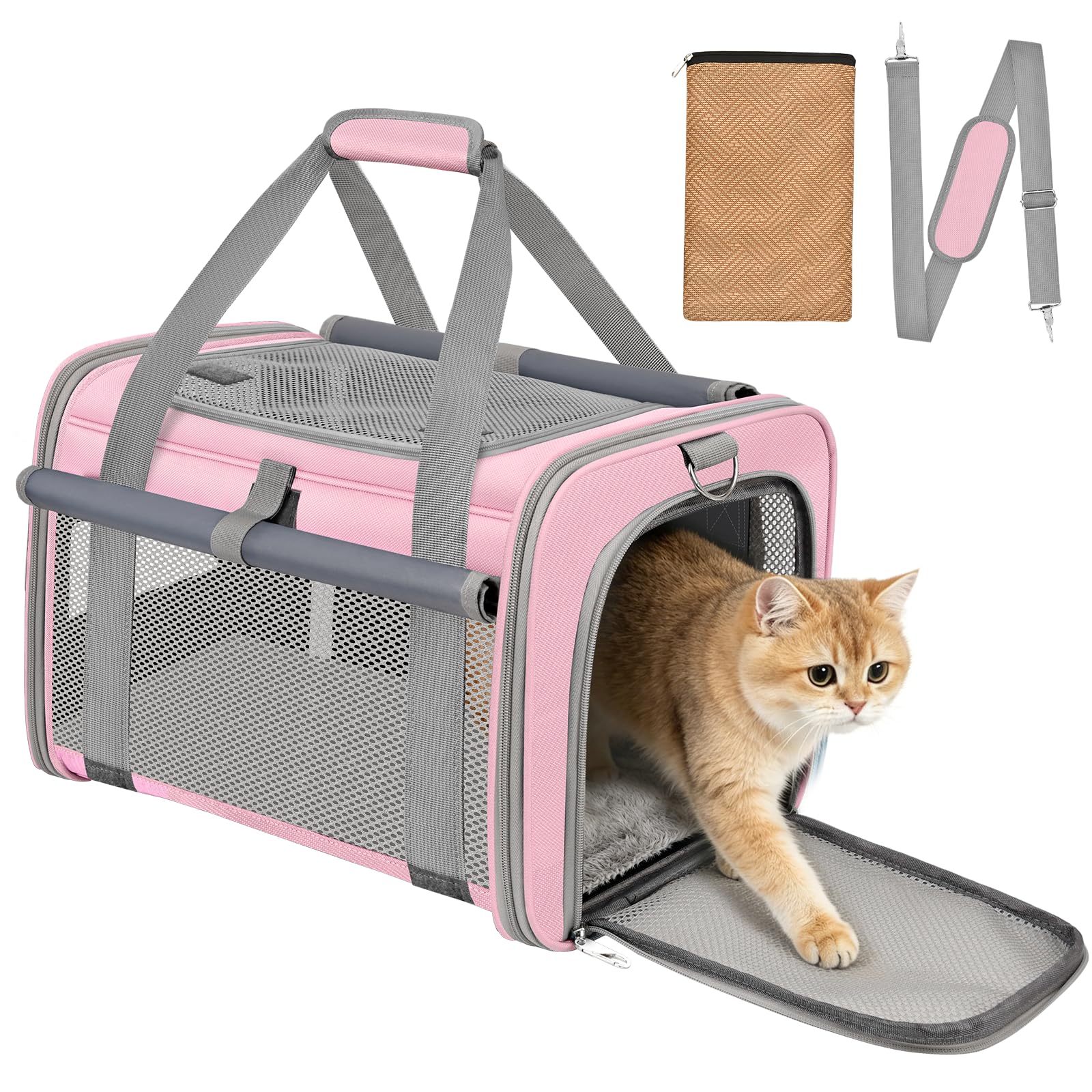 Foldable Cat Carrier Carrier Small Dog Carrier Airline Approved Breathable Carrier Bag with Inner Strap, Washable Soft Cushion and Adjustable Shoulder Strap (Pink)