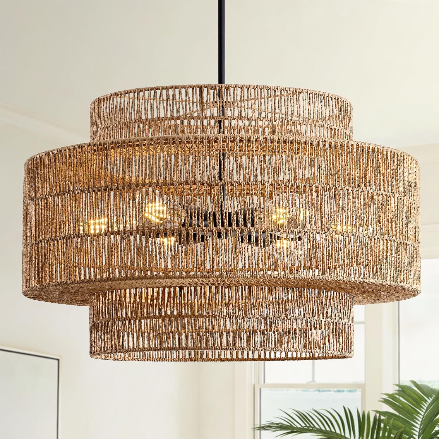24" Boho Large Rattan Chandelier Light Fixture, 6-Light Large Black Pendant Light Fixture Farmhouse Rustic Chandeliers for Kitchen Bedroom, Dining Room, Living Room, Hallway, Foyer