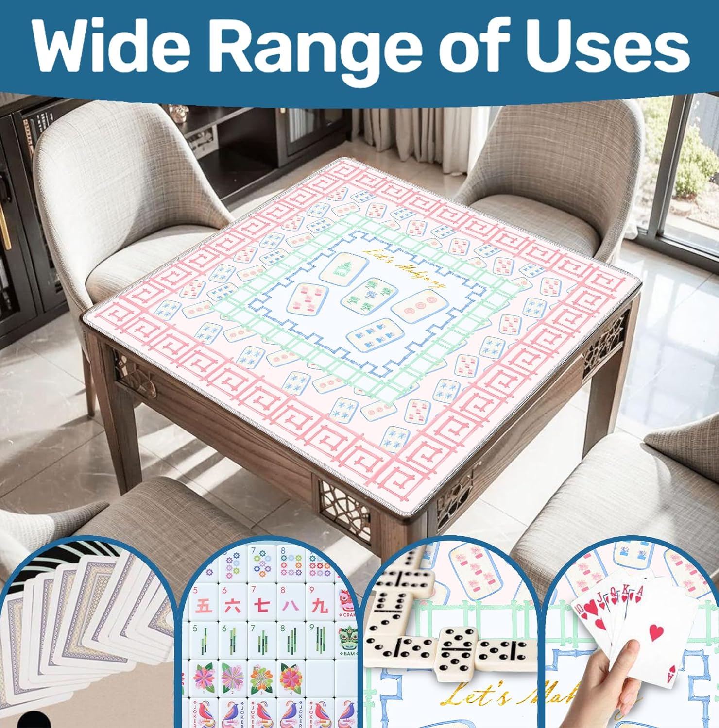 Blue Pink Chinoiserie Mahjong Mat 31.5" x 31.5", Grandmillennial Pastel Non-Slip Noise Reduction Mahjong Table Cover Accessories and Supplies for Dominoes Poker Card Board and Tile Games Gifts