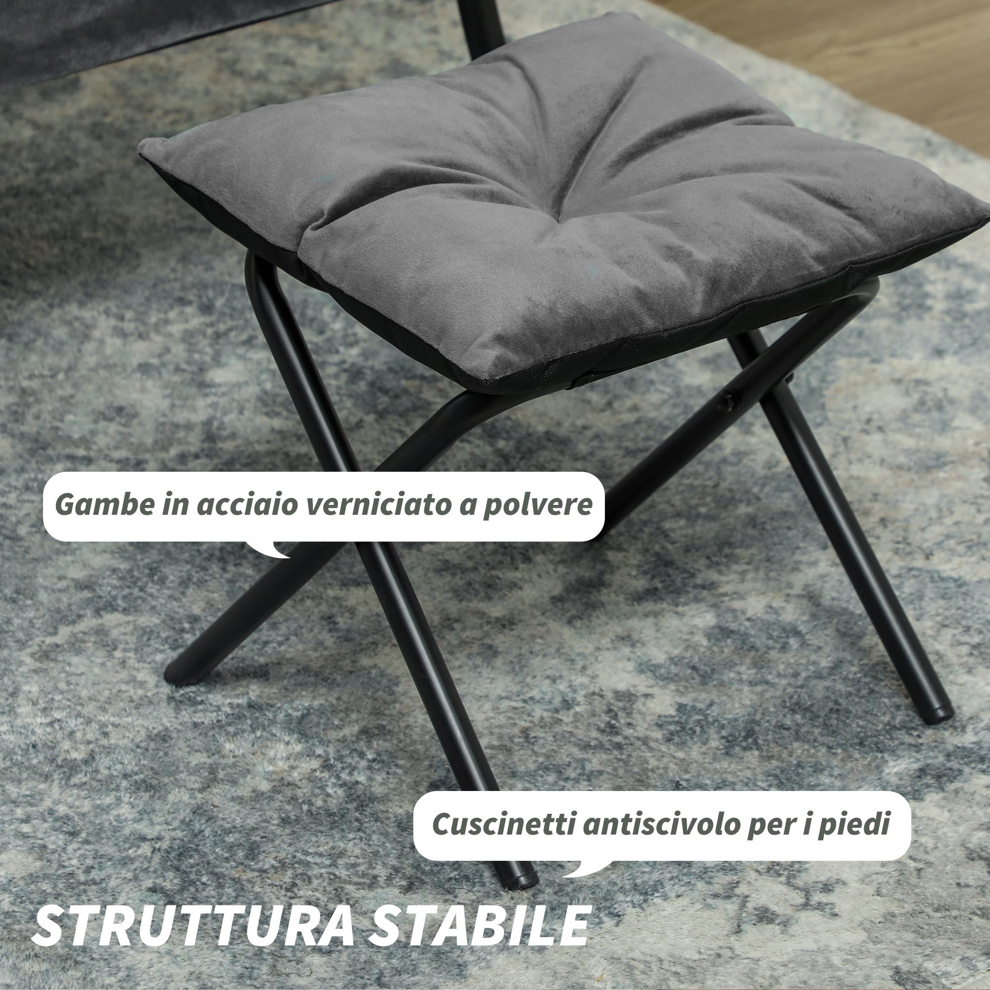 HOMCOM Set Poltrona con Poggiapiedi per Soggiorno in Tessuto Effetto Velluto, Poltrona Camera da Letto con 2 Tasche Laterali, Braccioli e Schienale, Struttura in Acciaio, 80x78x100 cm, Grigio