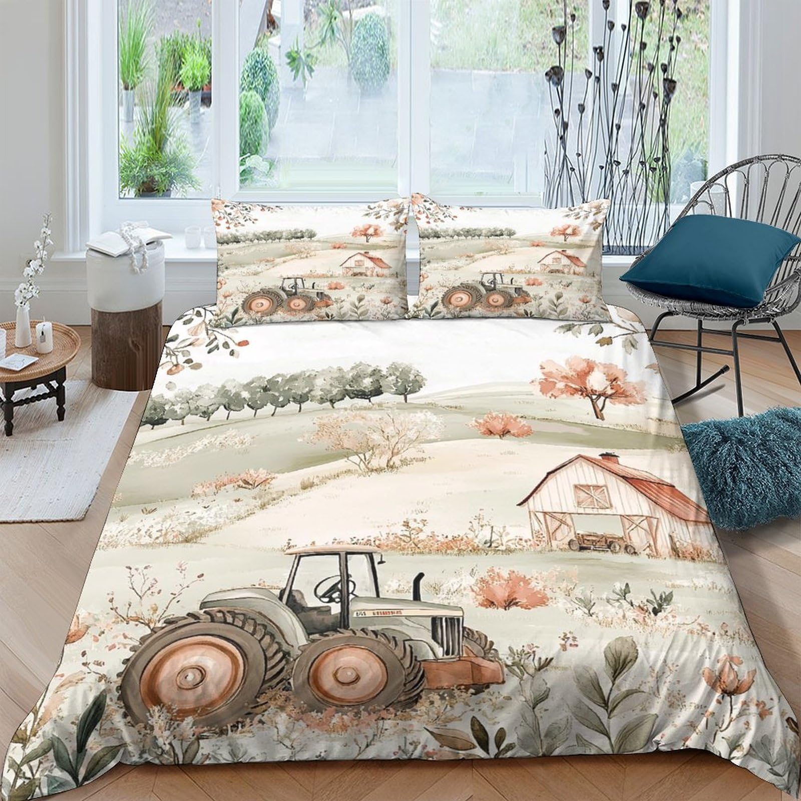 Ctjqhvkz Style-1 3D Printed Countryside Tractor Fitted Sheet Microfiber Soft Breathable Autumn Farmhouse Mattress Cover Bedroom Decor Single（135X200cm）