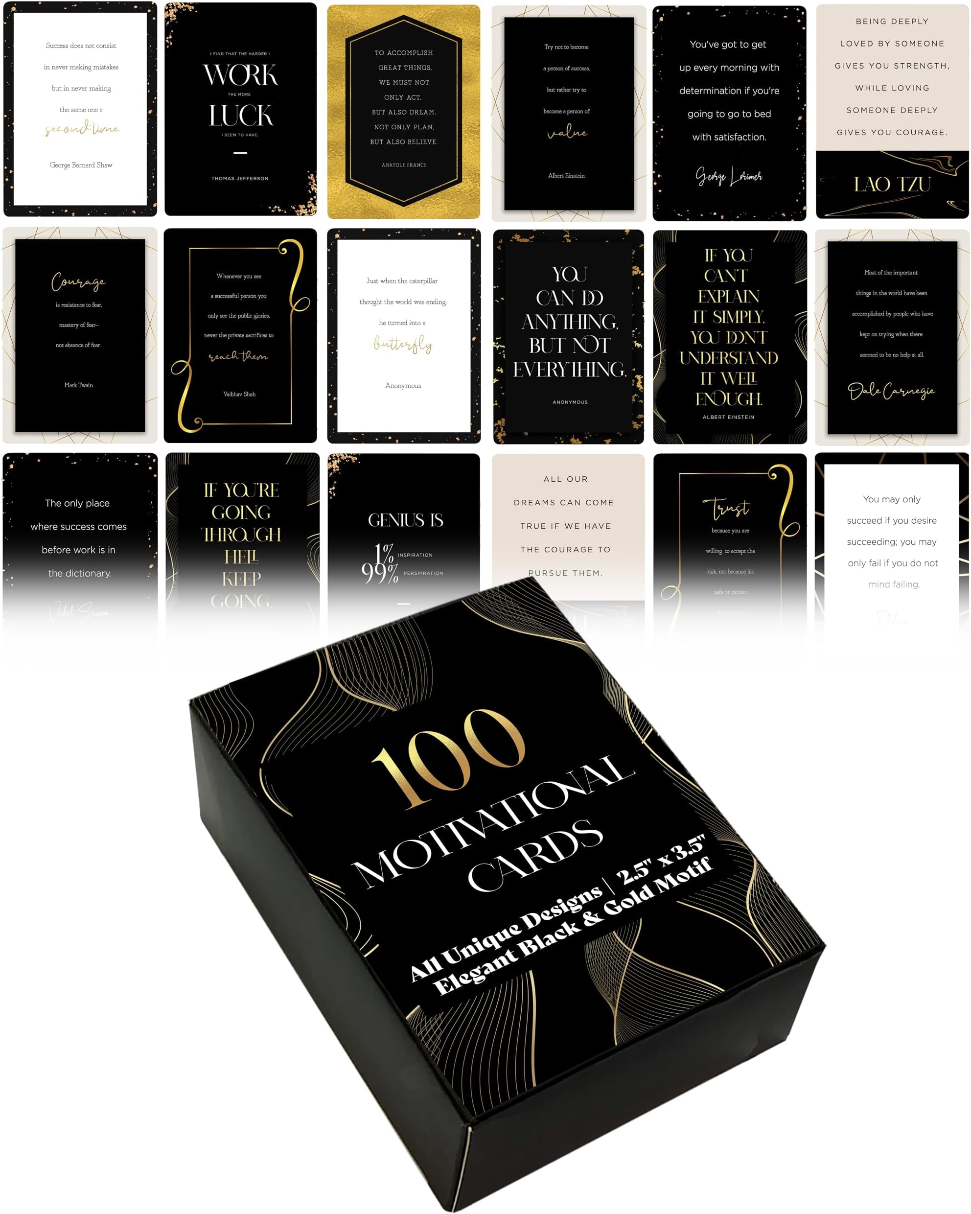 Better Office Products 100 Encouragement Quote Cards, Famous Inspirational Quotes, All Unique Designs, Elegant Black & Gold Motif, Motivational Card Deck, 2.5" x 3.5" (Playing Card Size)