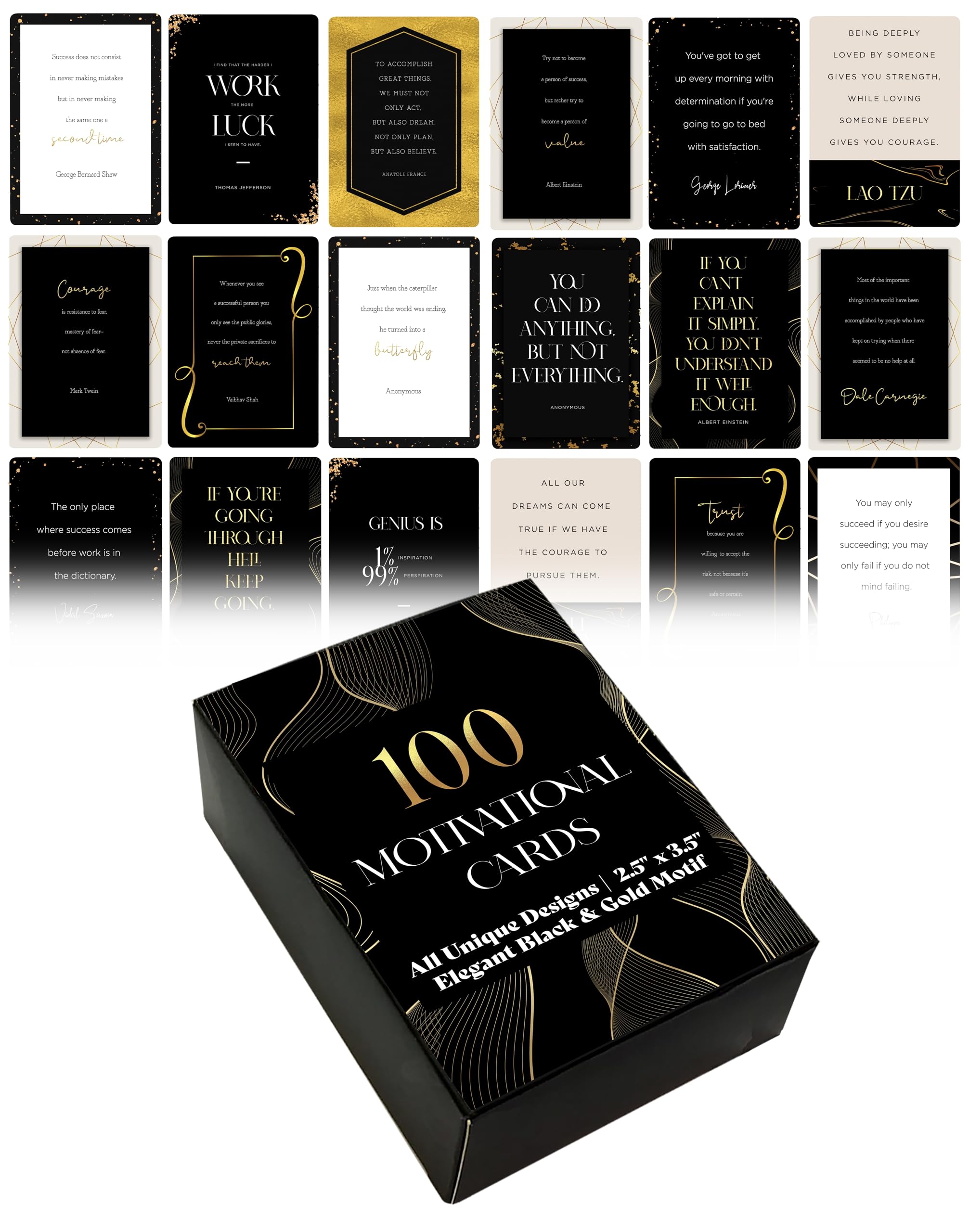 Better Office Products 100 Encouragement Quote Cards, Famous Inspirational Quotes, All Unique Designs, Elegant Black & Gold Motif, Motivational Card Deck, 2.5" x 3.5" (Playing Card Size)