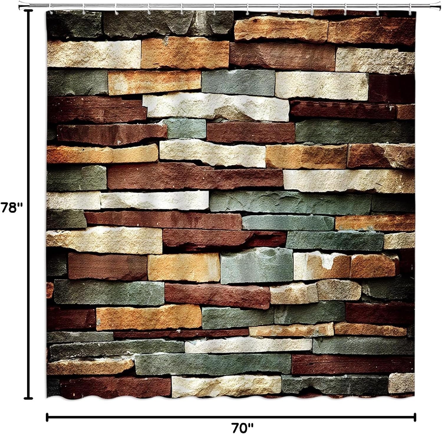 Brick Wall Shower Curtain Vintage Brown Green Stone Rocks Rustic Country Geometric Wall Grunge Style Extra Long Bathroom Decor Curtain with Hooks,70W x78 H